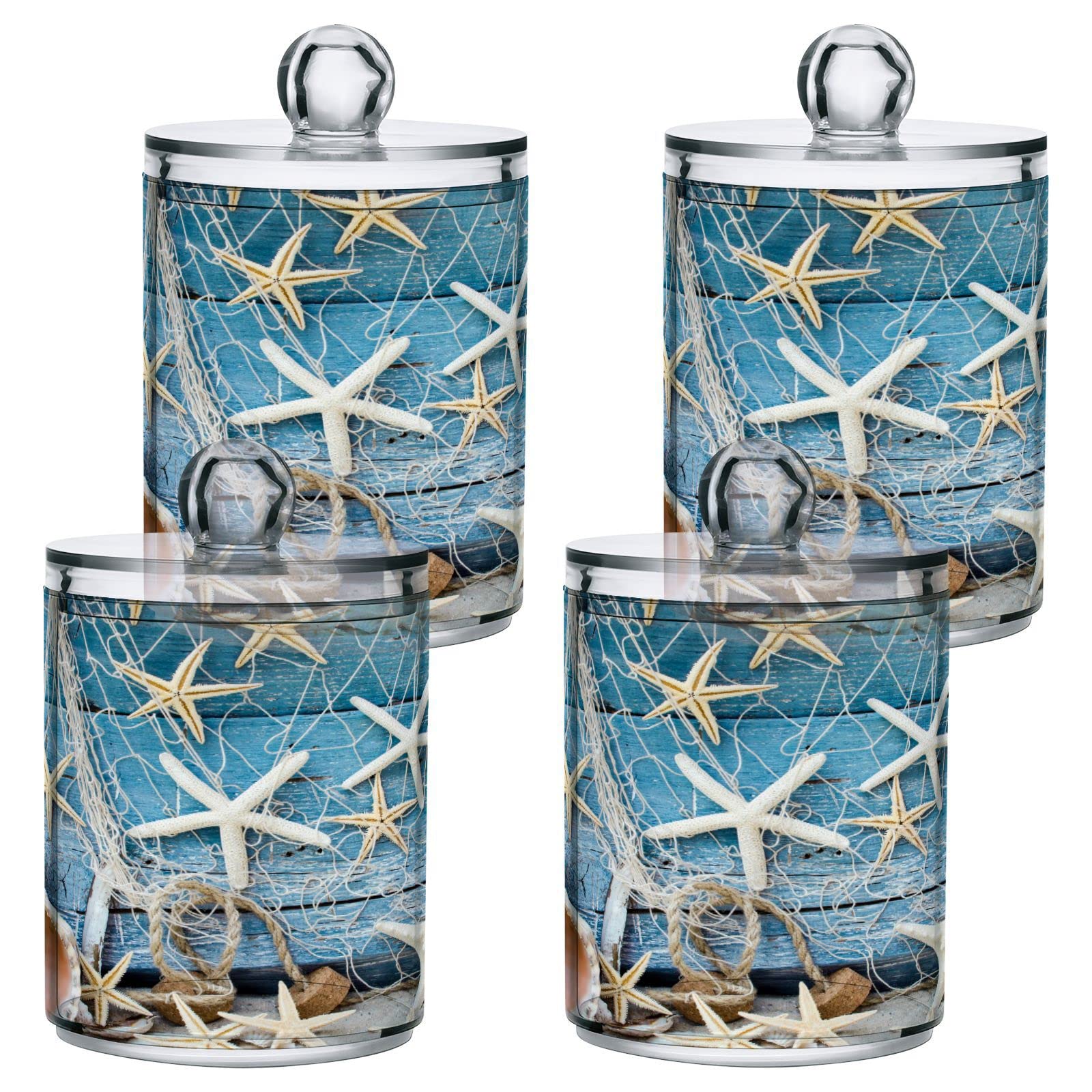 MNSRUU 4 Pack Qtip Holder Organizer Dispenser Summer Beach Conch Seashell Bathroom Containers Bathroom Vanity Storage Canister Apothecary Jars for Cotton Swabs/Pads/Floss