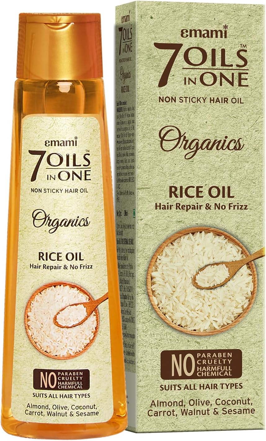 Emami 7 Oils In One Organics Rice Oil Hair Repair & No Frizz, Nourishing & Hydrating, Ultra-Light & Non-Sticky, 200ml