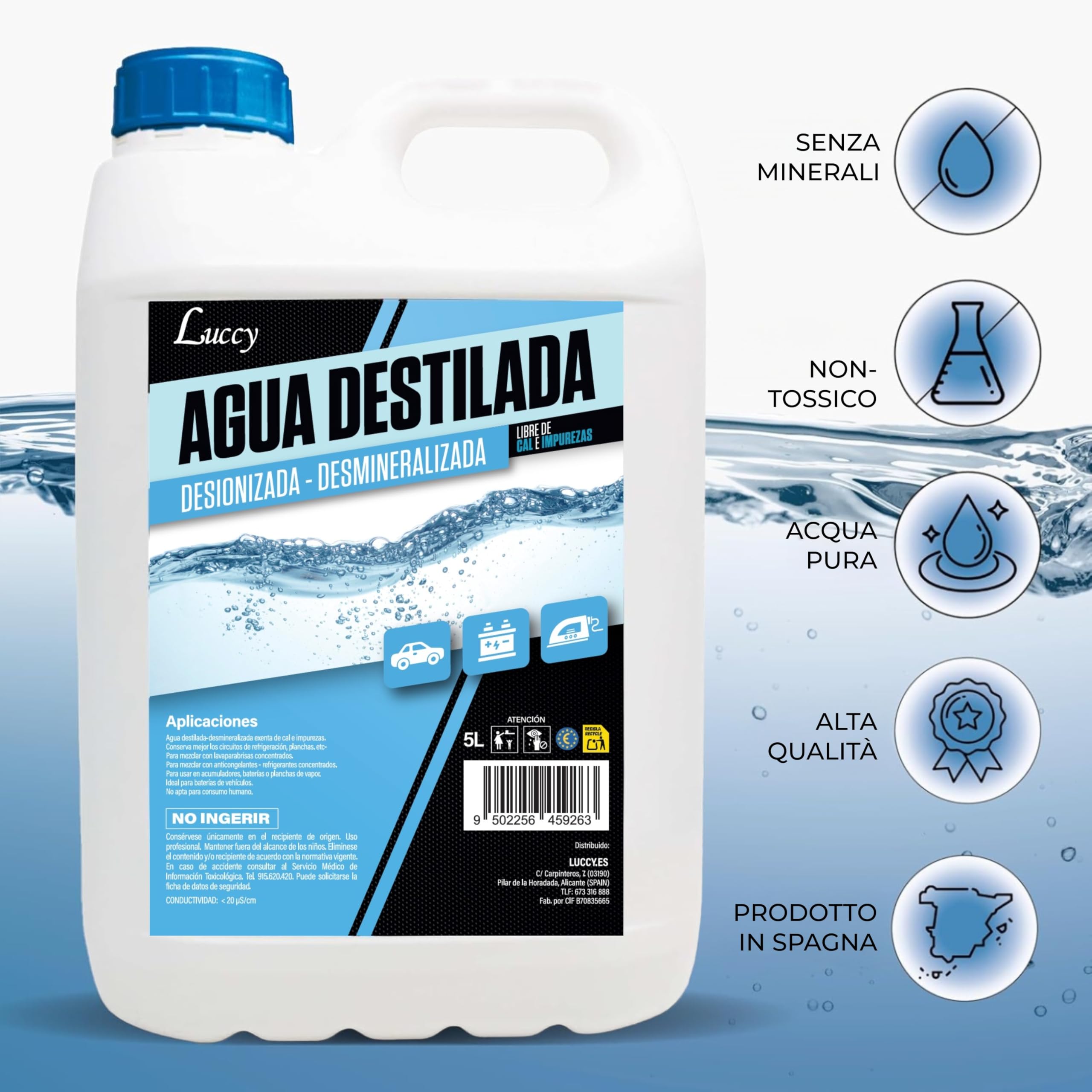 LUCCY Acqua Distillata Demineralizzata Deionizzata 5 Litri | 100% Acqua Pura | CPap, Umidificatore, Ferro, Motori, Pulizia, Laboratori, Piante