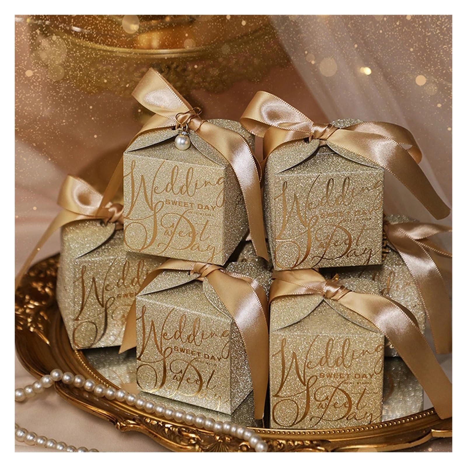 Scatola for caramelle nuziali Scatola regalo con guscio in polvere glitterata squisita Scatola for imballaggio in cartone con fiocco in nastro di perle Bomboniere for matrimoni(Sliver gold,50pcs)