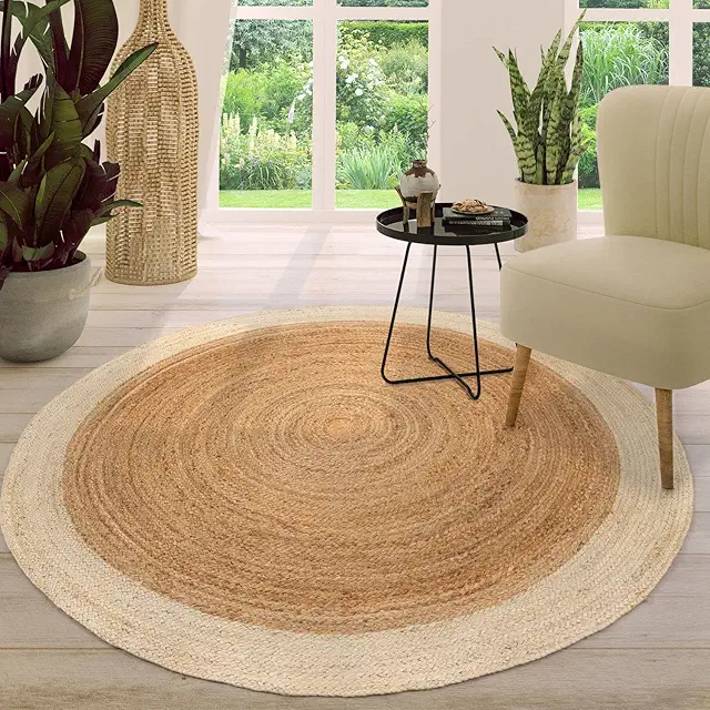 Alfombra Redonda de Yute Boho Chic Hecha a Mano, Color Marfil, 100 cm