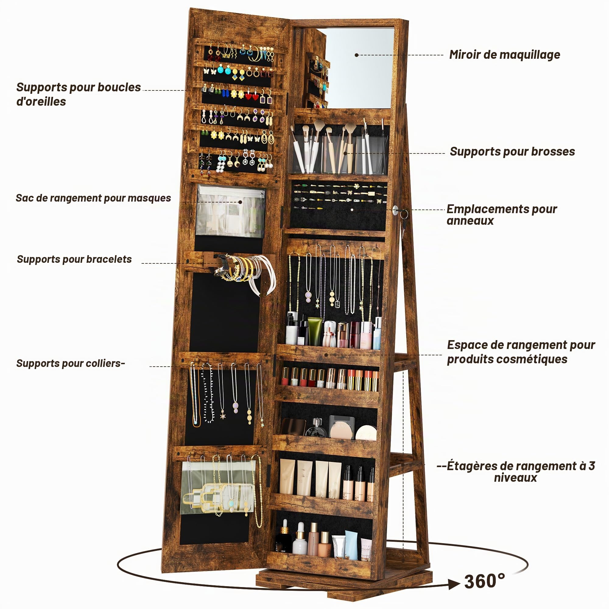 SogesPower Armoire à Bijoux avec Miroir Pivotant 360° et Verrou - Organisateur Multifonction pour Bagues, Colliers & Cosméticos - Idée Cadeau Élégante (Anniversaire, Mariage, Noël) - Vintage