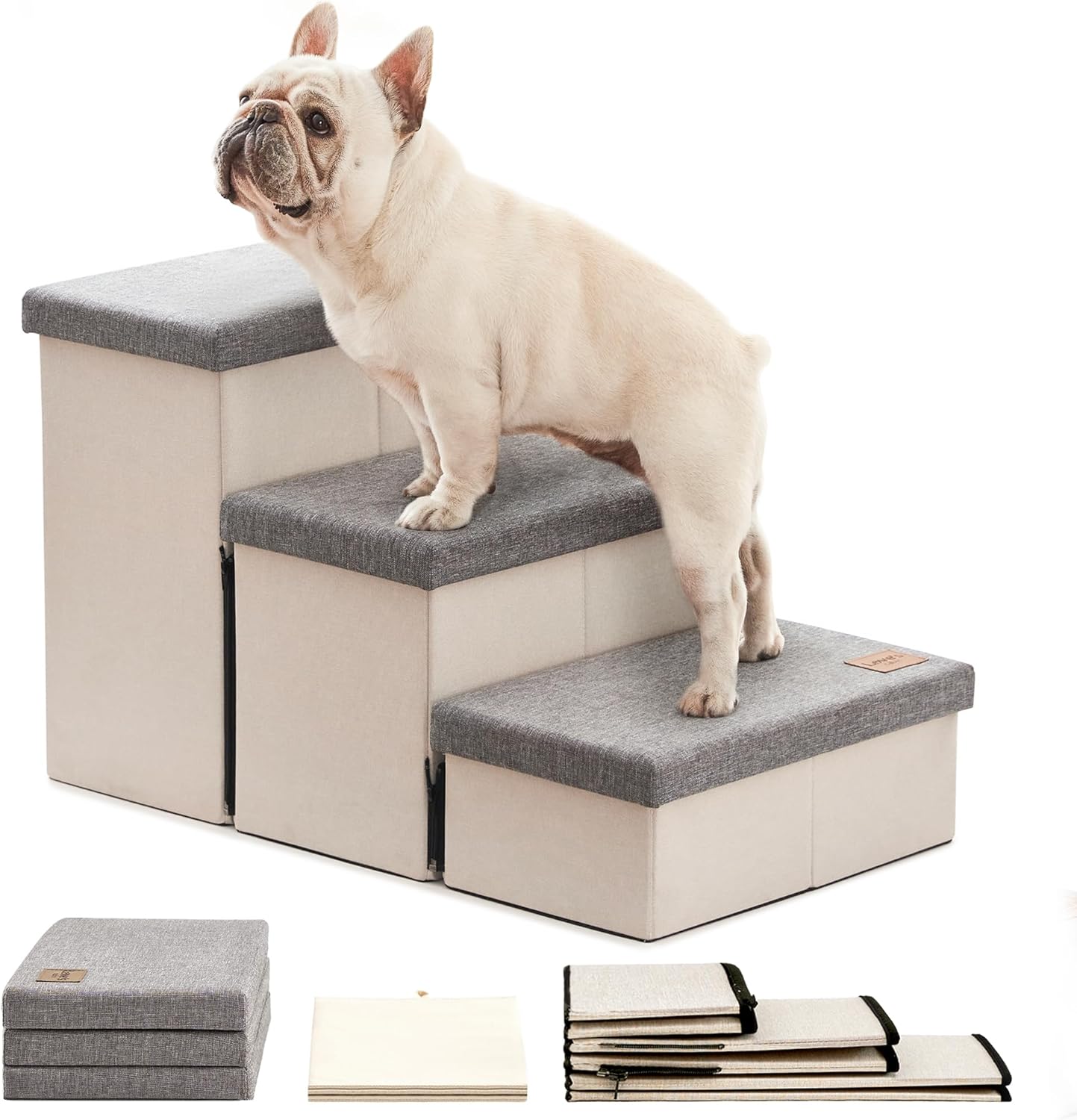 Loves cabin Dog Stairs for High Bed 18"H,Foldable Pet Stairs for Small Medium or Large Dogs Puppy with Storage for Bed or Couch, Cat Dog Steps Ramp with Zip up to 210 lbs(Light Grey,3 Steps no Condo)