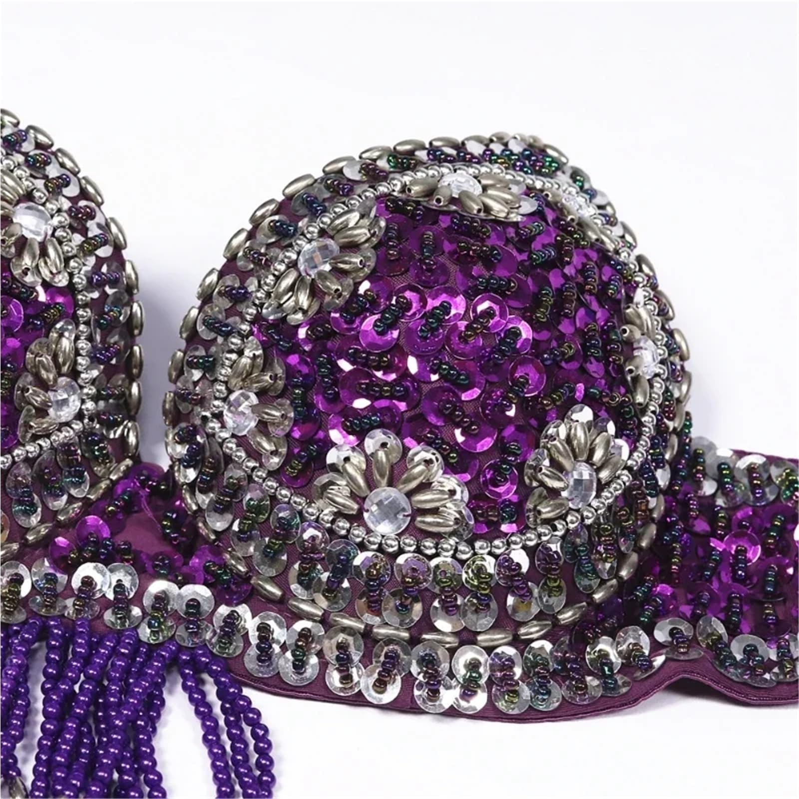 Paillette Brillant à Frangé Haut de Danse Costume de Danse 2 pièces for Femme de Style Oriental avec Soutien-Gorge et Ceinture à Paillettes et Perles(Color 7,M)