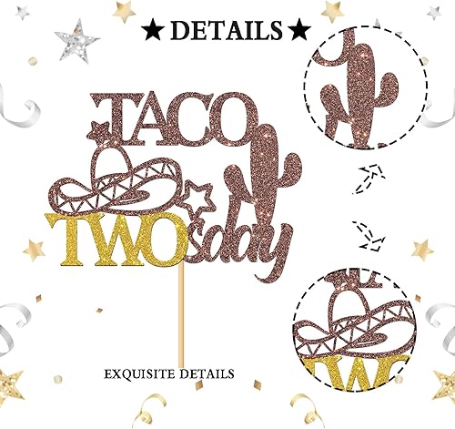 Miniatura 3 de Taco Twosday - Decoración para tartas de 2 cumpleaños para niños mexicanos, decoración de fiesta de dos cumpleaños, purpurina