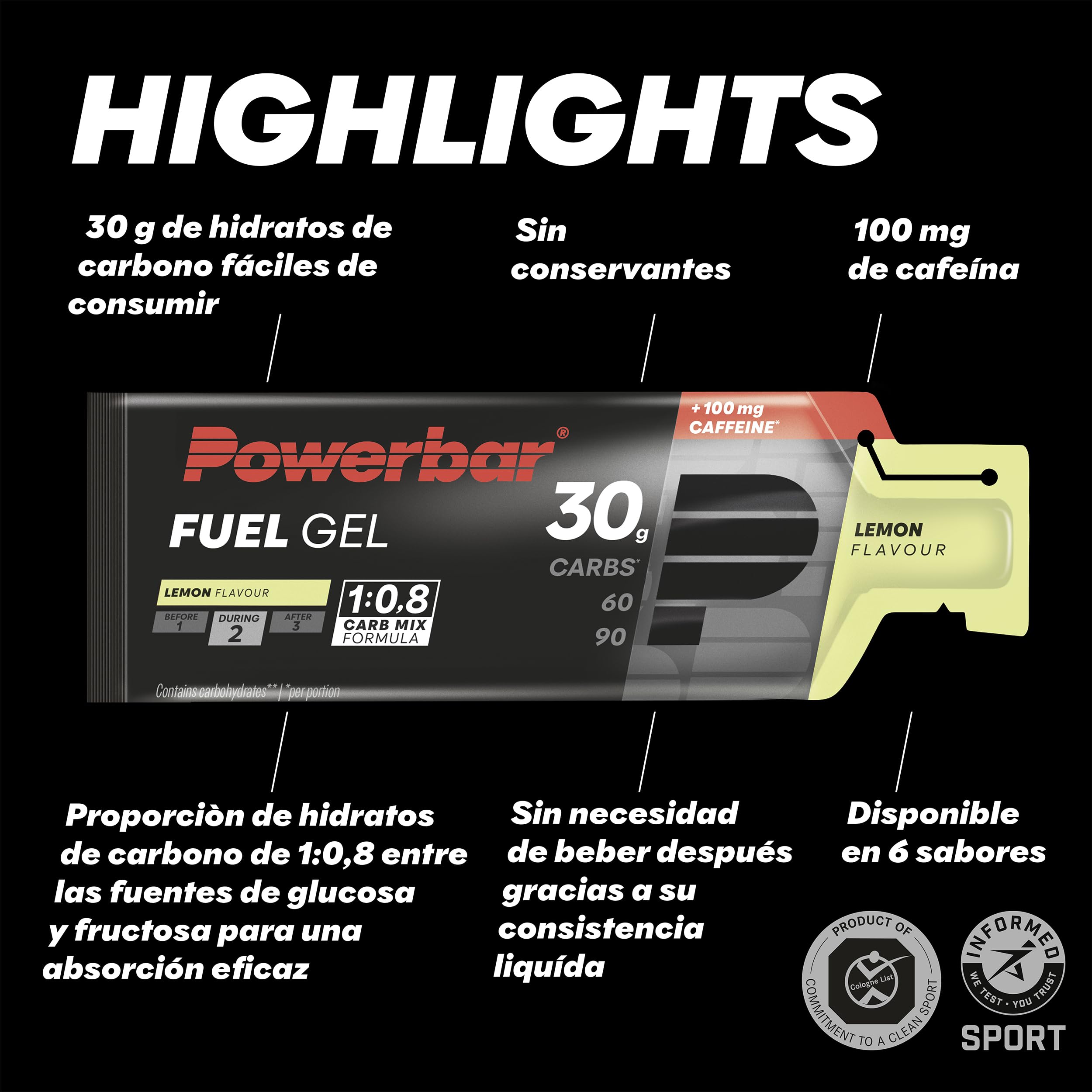 Powerbar - Black Line - Fuel 30 Gel - Lemon - 12x50ml - Gel energético alto en carbohidratos - 100mg de cafeína