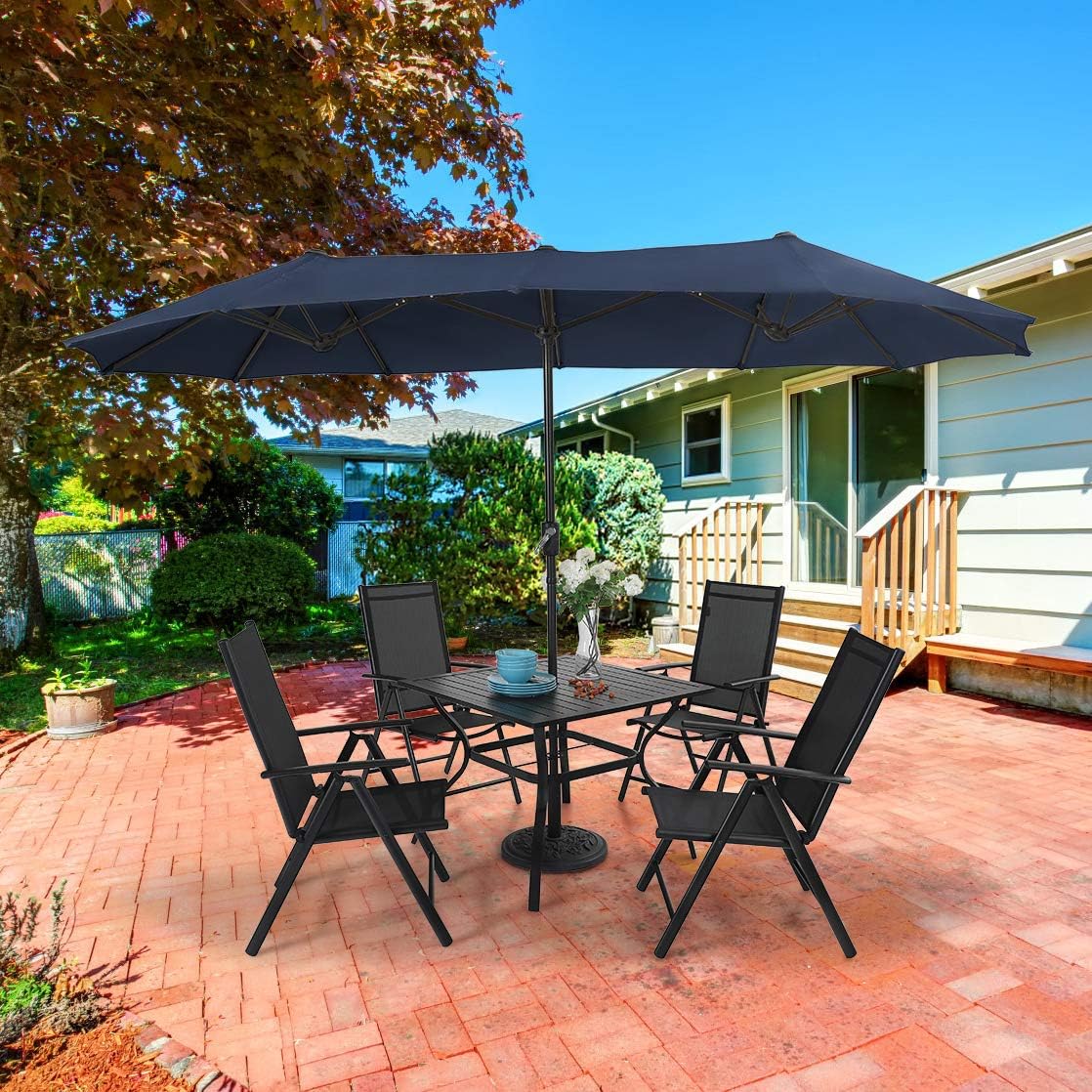 PHI VILLA Outdoor Patio Dining Set with Umbrella, Outside Table and Folding Chair Set for 4 and 1 Large Patio Table Umbrella(Navy Blue)