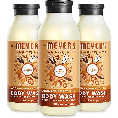 MRS. MEYER'S CLEAN DAY Moisturizing Body Wash for Women and Men, Biodegradable Shower Gel Formula Made with Essential Oils, Oat Blossom, 16 oz Bottle, Pack of 3