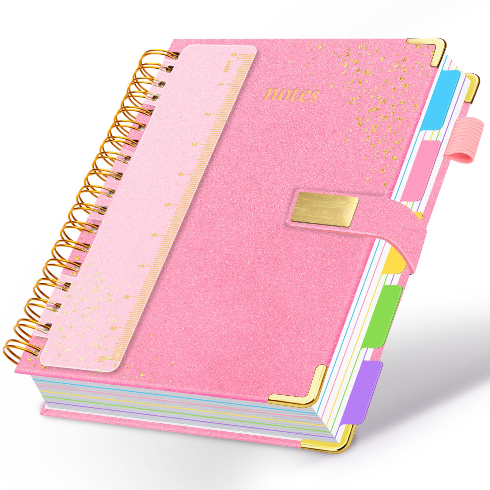 Spiral Notebook Journal 8.5''x 11'' 5 Subject Notebook with Dividers, 300 Pages Notebook College Ruled with Magnetic Closure, A4 Tabbed Notebooks for Work School, Sparkle Journal for Women (Pink)