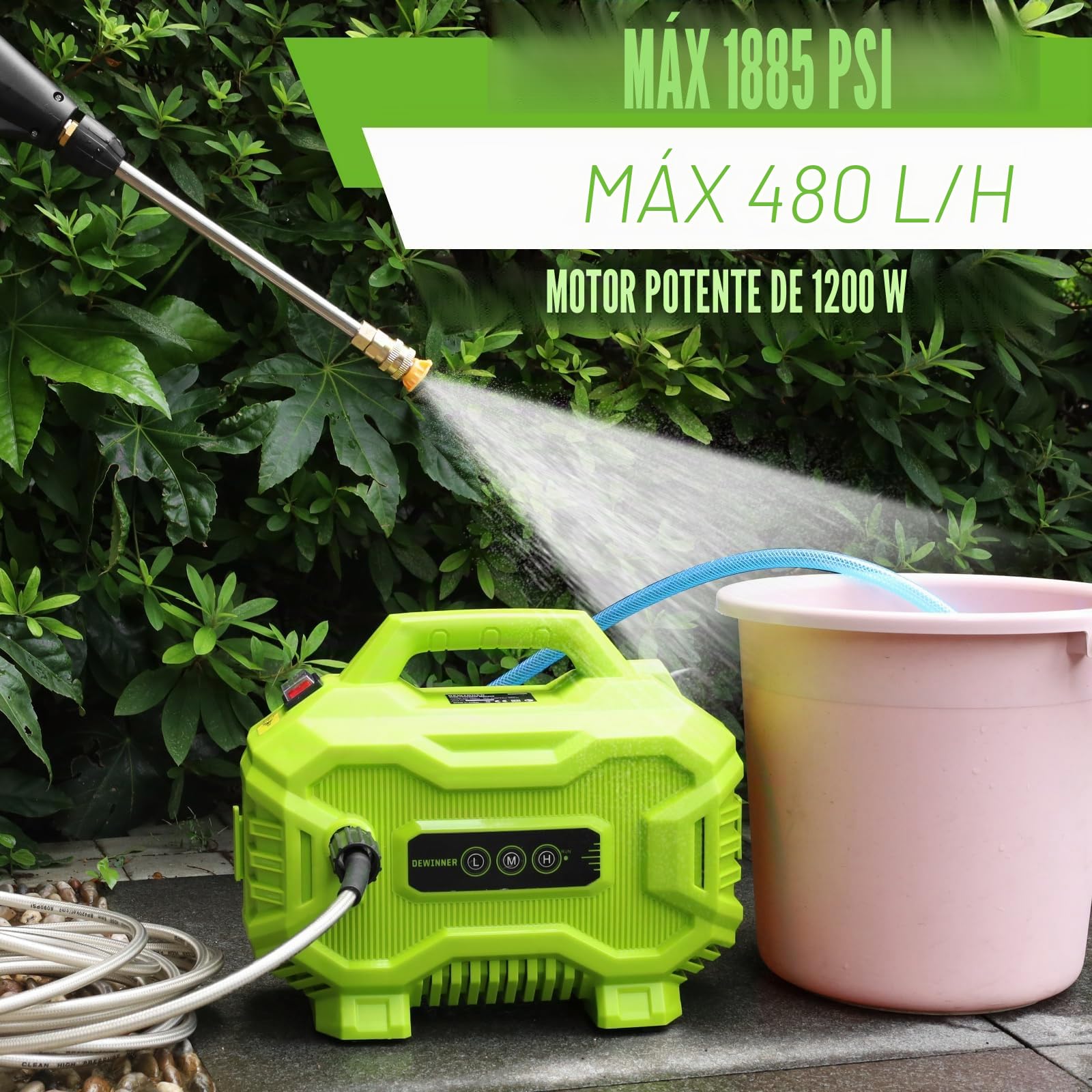 DEWINNER 130Bar Hidrolimpiadora Portatil, 1200W Mini Portátil Hidrolimpiadora, Ajuste de 3 velocidades con 4 boquillas, Manguera de 8 Metros y pulverizador de Espuma para la Limpieza de Balcones | Mini, ajuste de 3 velocidades, 4 boquillas, manguera de 8