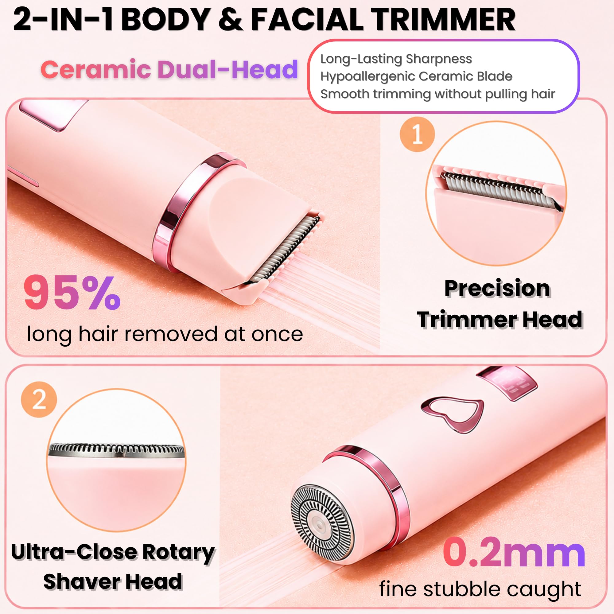 Maquinilla de afeitar eléctrica para mujer, recortadora de bikini y removedor de vello facial, recargable con hoja de cerámica, impermeable, pantalla LED, USB-C, bloqueo de viaje, regalo