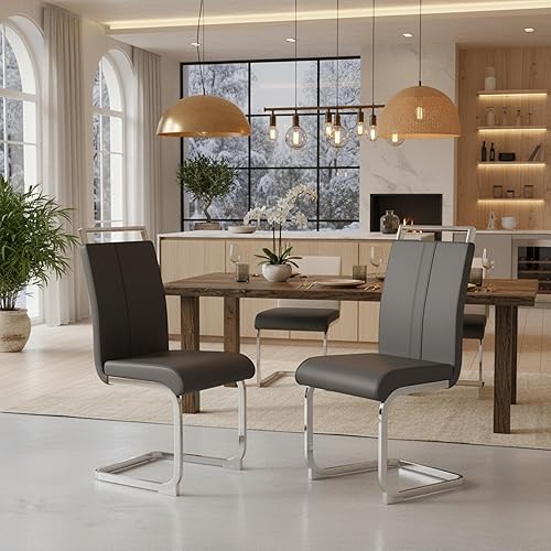 Miniatura 4 de Juego de 2 sillas de comedor modernas, sillas voladizas con patas de acero inoxidable, sillas de cocina de piel sintética con respaldo alto para