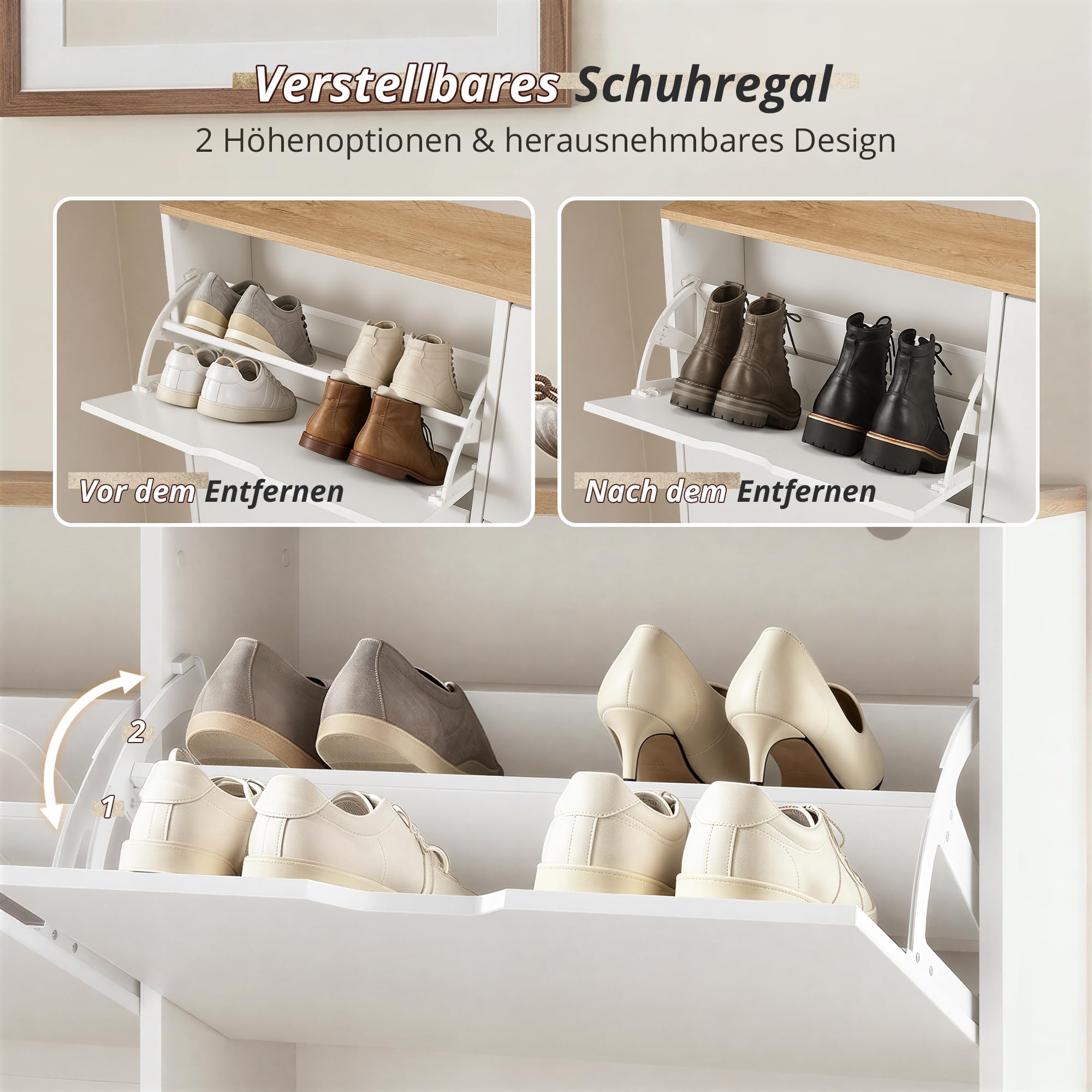 LUE BONA Schuhschrank mit 4 Flip-Klappen,Schuhschrank Schmal 23 cm Tiefe,Schuhkipper Geschlossen mit Verstellbaren Trennwänden für Flur,Eingangsbereich,16 Paar Schuhe,110 x 23 x 80,Weiß+Naturholz