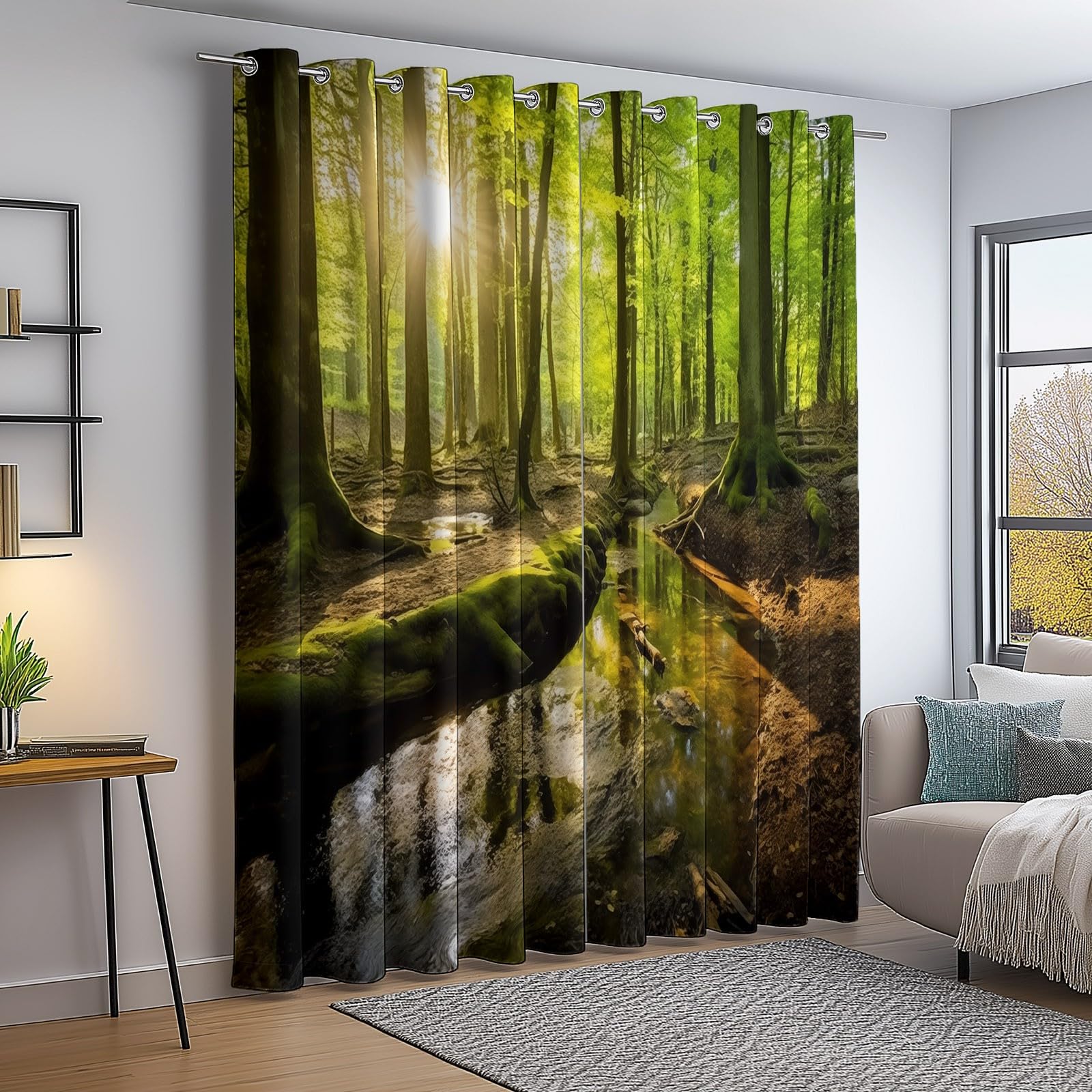 Krajobraz wiejski las strumień zasłony zaciemniające 168 x 229 cm (2 panele), przelotki, izolacja termiczna, zasłony okienne, zielone – blokowanie światła, zasłony redukujące hałas do salonu i
