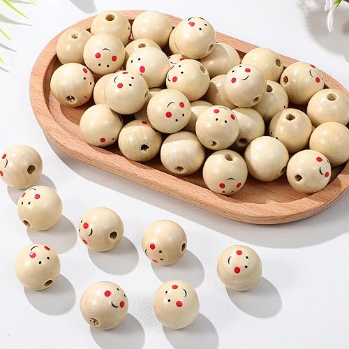 Miniatura 7 de 100 cuentas de madera de cara sonriente de 0.98 pulgadas (0.984 in), cuentas de madera suelta de madera, cuentas espaciadoras para manualidades,