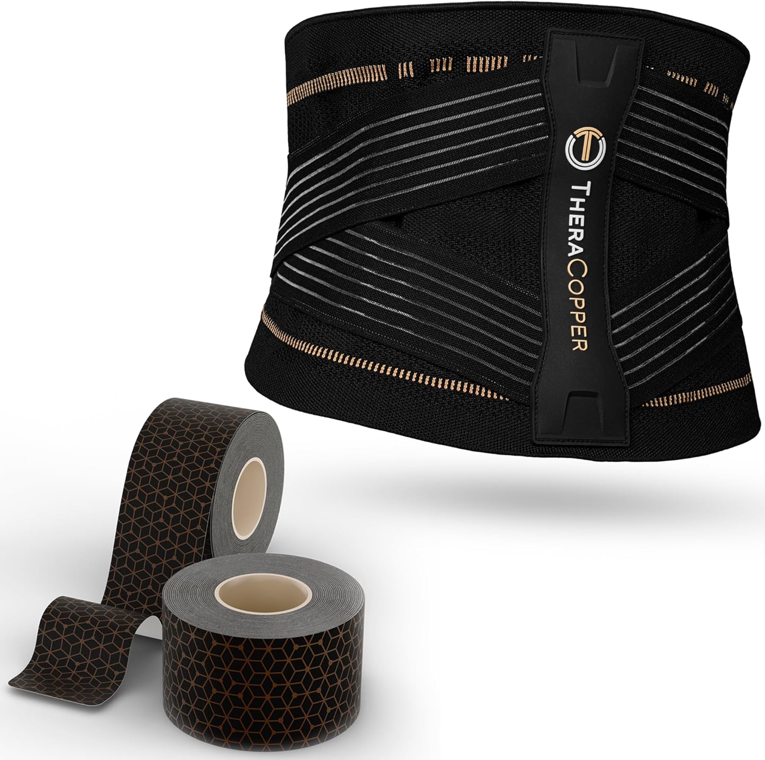 TheraCopper Copper Kinesiology Tape & Back Brace Bundle — Pre-Cut Athletic Tape (2 Rolls) & Copper Lumbar Support Belt (Medium)