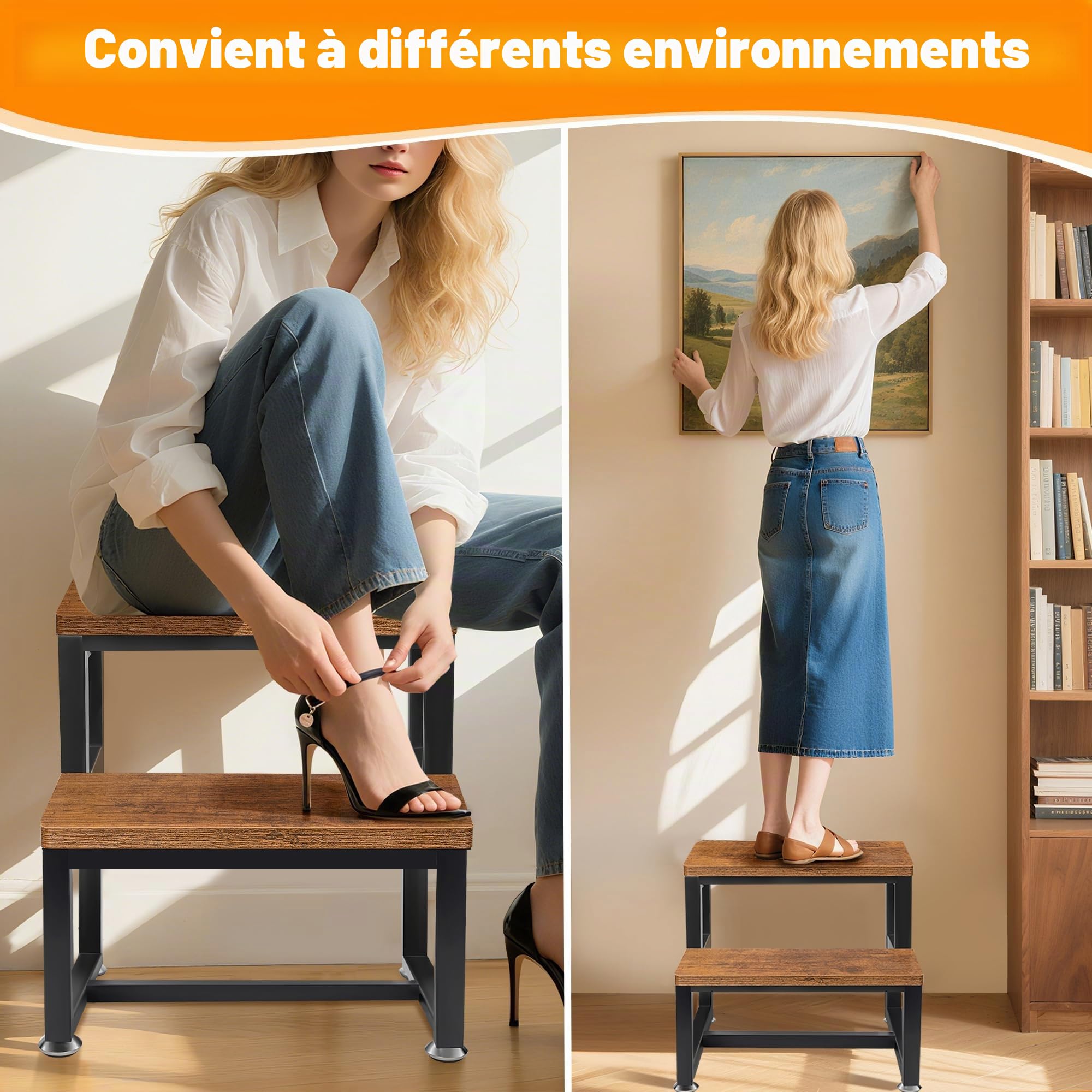 Marchepied pour enfant 2 marches cadre en métal lourd repose-pieds en bois stable 100 kg