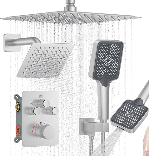 Miniatura 17 de KOJOX - Sistema de ducha negro mate con cabezal de ducha de lluvia de alta presión, cabezal de ducha de mano, mezclador de baño de lujo, juego