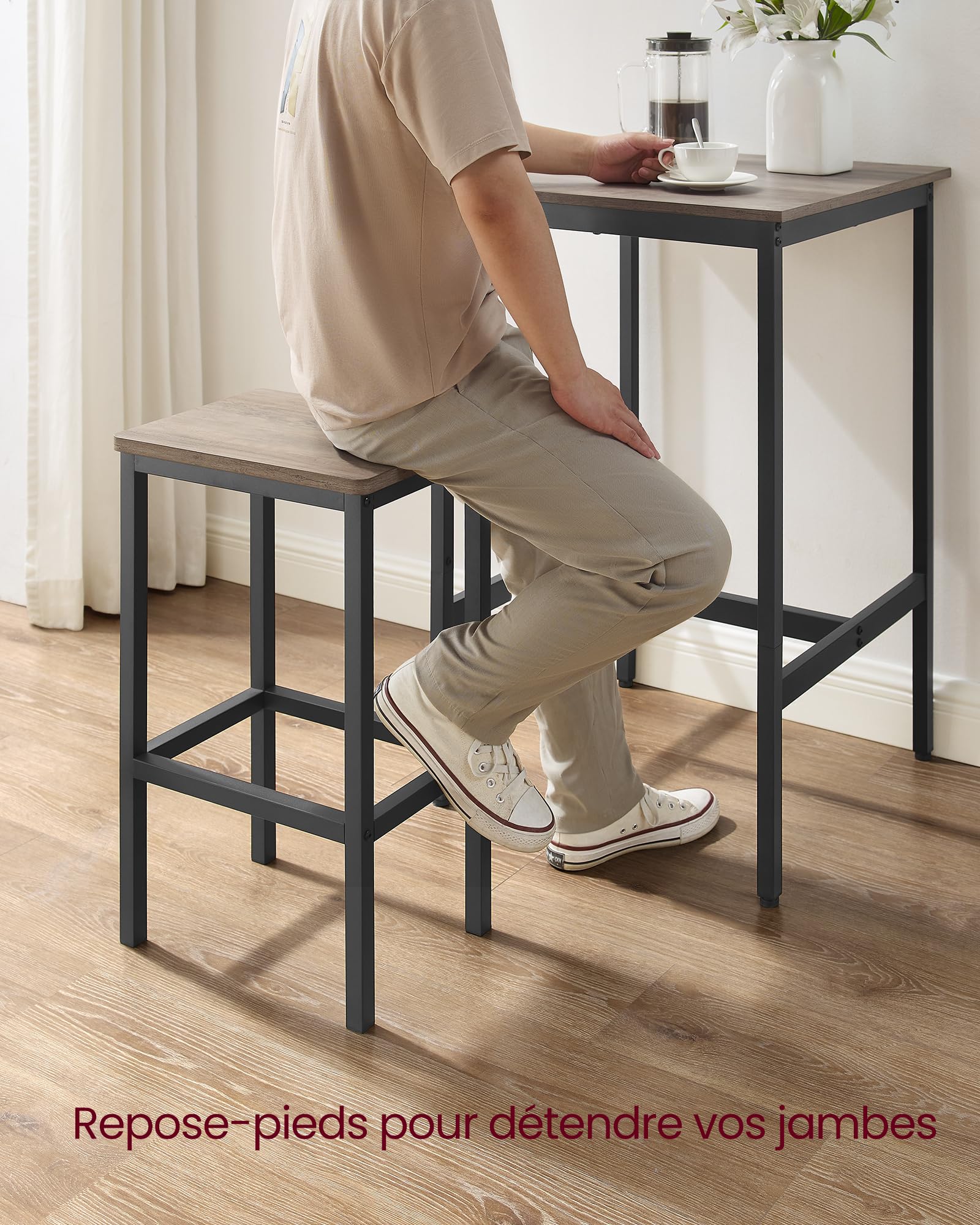 VASAGLE Ensemble Table de Bar avec Tabourets, Table à Manger avec 2 Chaises, Petite Table de Cuisine, Chaises de Bar, pour Salle à Manger, Cuisine, Grège Chiné et Noir d'encre LBT017B02