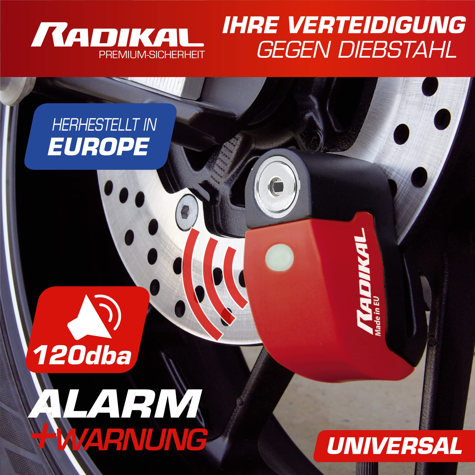 RADIKAL RK6 Bremsscheibenschloss mit Alarm 120db + Warnung, ø6, Rot, 6 mm