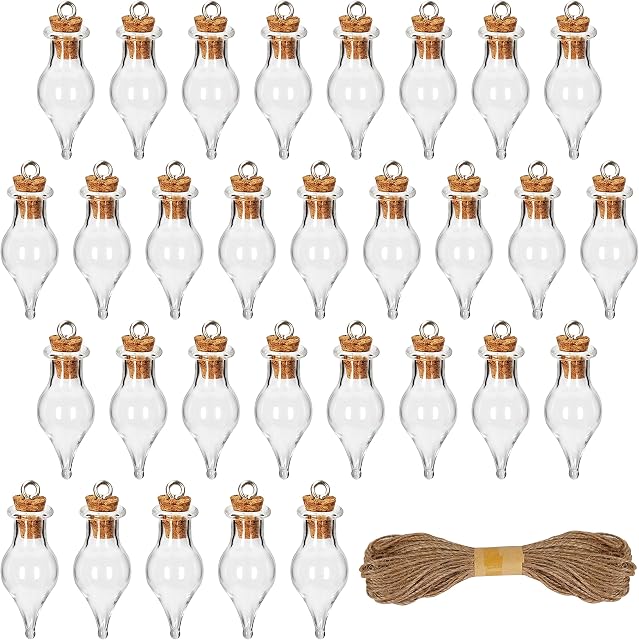 BELLE VOUS 30 Pack of Glass Potion Bottles - 1.5ml Miniature Jars with Cork Stopper Lids & Hanging Rope - Glass Bottles for Wedding/Party Favours, Wishing Bottles & Decorative DIY Arts/Crafts