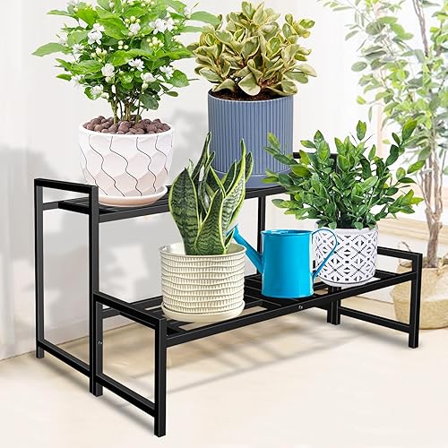 Miniatura 3 de Soporte para plantas para interiores y exteriores, soportes de hierro forjado de 2 niveles, estante de metal apilable para plantas, soporte