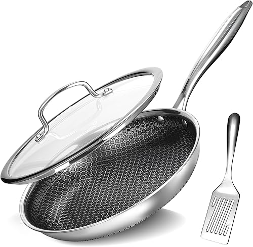 Sartén antiadherente de 8 pulgadas con tapa, sartén de acero inoxidable con superficie de panal, compatible con inducción, apto para horno y