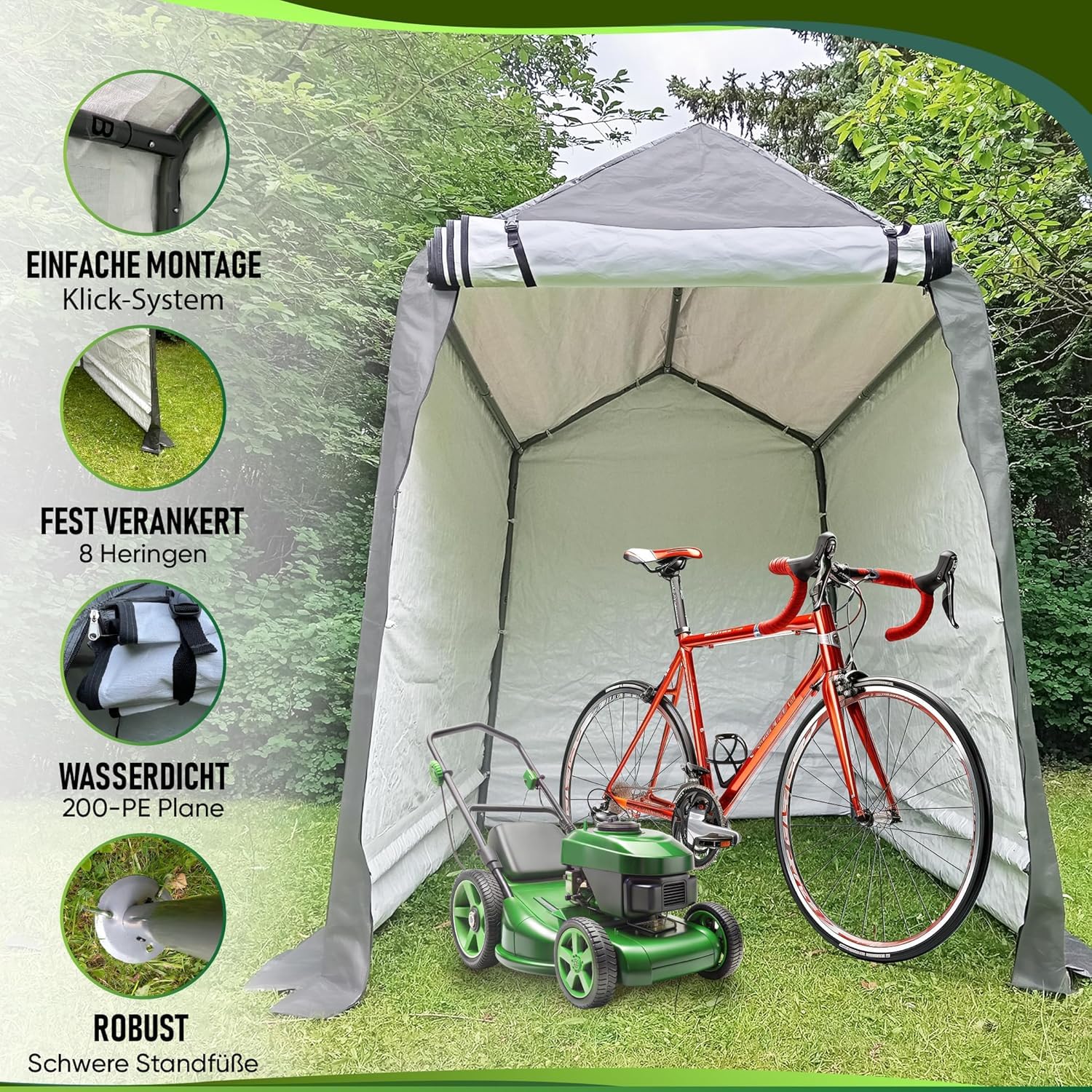 WIELS® Geräteschuppen 170x240x213cm 8,7 m³, Gartenhaus, Fahrradgarage, Fahrradschuppen, Motorradgarage, Folie Werkzeugschuppen, Zeltgarage, Werkzeugzelt (Anthrazit, 240x170x227cms)