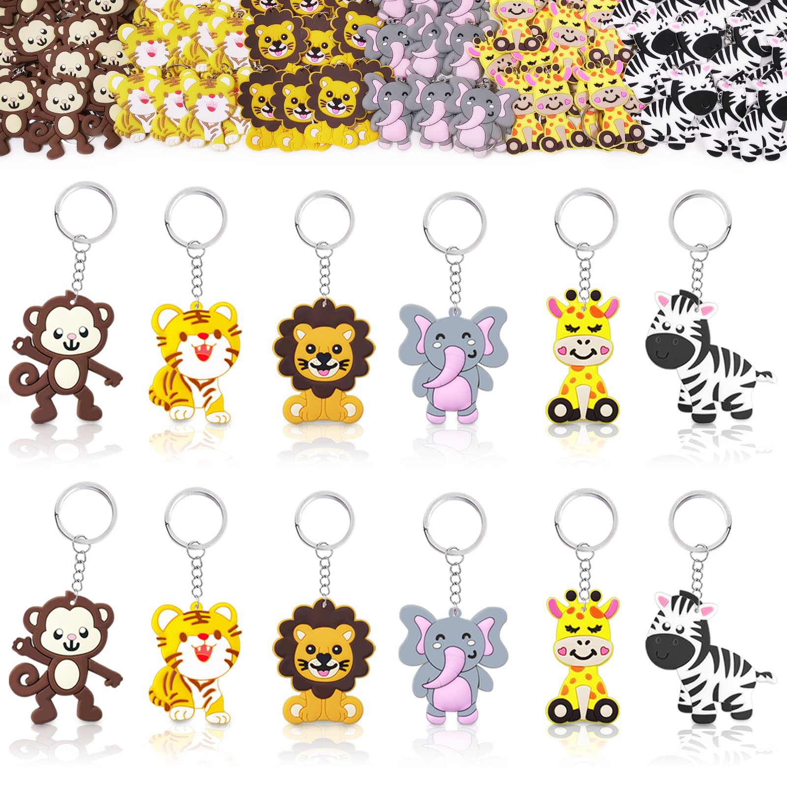 CiciBear 24 Pack Wild Animal Party Return Favors with Lion, Monkey, Giraffe, Zebra, Elephant and Tiger Keychains for Jungle Safari Wild Woodland Baby Shower, Birthday, School Carnival Rewards