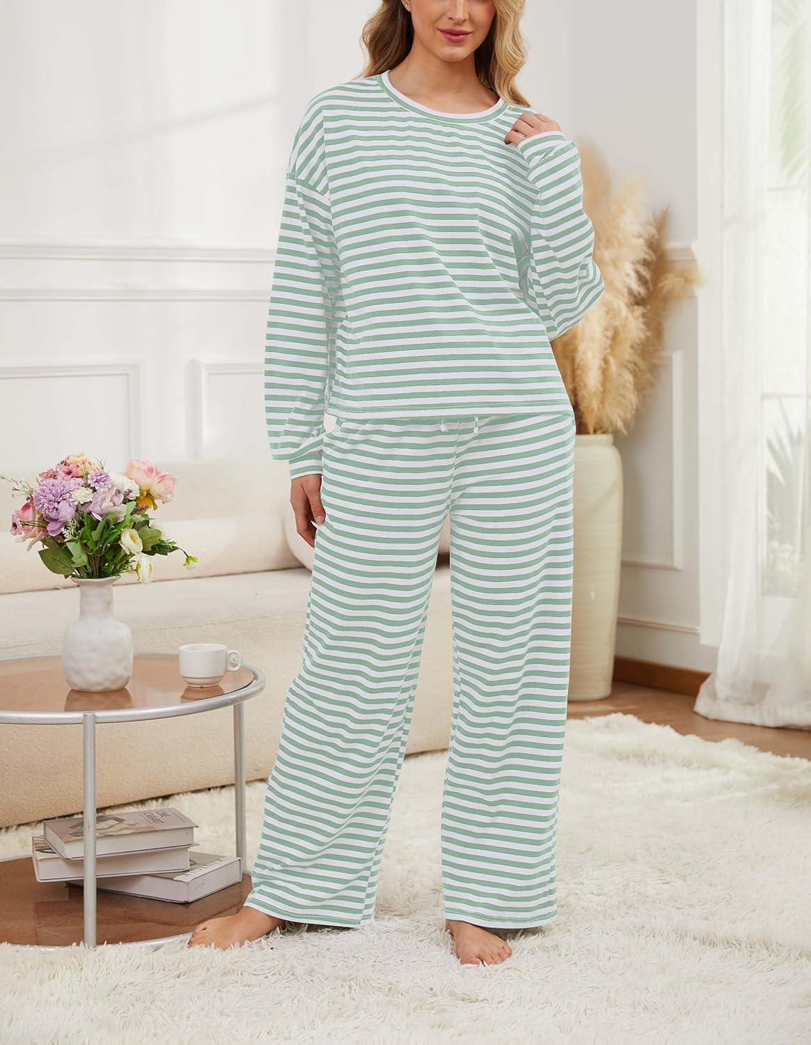 Women Striped Two Pieces Lounge Set Stripes Long Sleeve Crew Neck Tshirt Top Drawstring Wide Leg Pants 2pcs Sets - Image 2