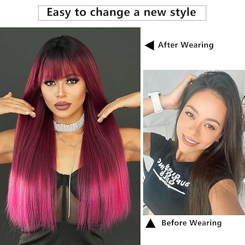 Miniatura 8 de 7JHH WIGS Peluca de 26 pulgadas de largo y lacio con flequillo, resistente al calor, peluca negra con reflejos rubios que hacen que las mujeres