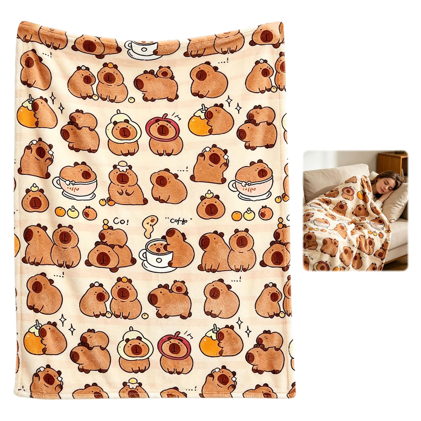 Linhono​ Capybara Blanket, Capybara Gifts, Capybara Bedding, Cozy Family Couch Time and Bedroom Relaxation, Stress Relief and Anxiety Management, 160 cm by 100 cm Khaki Fleece Throw