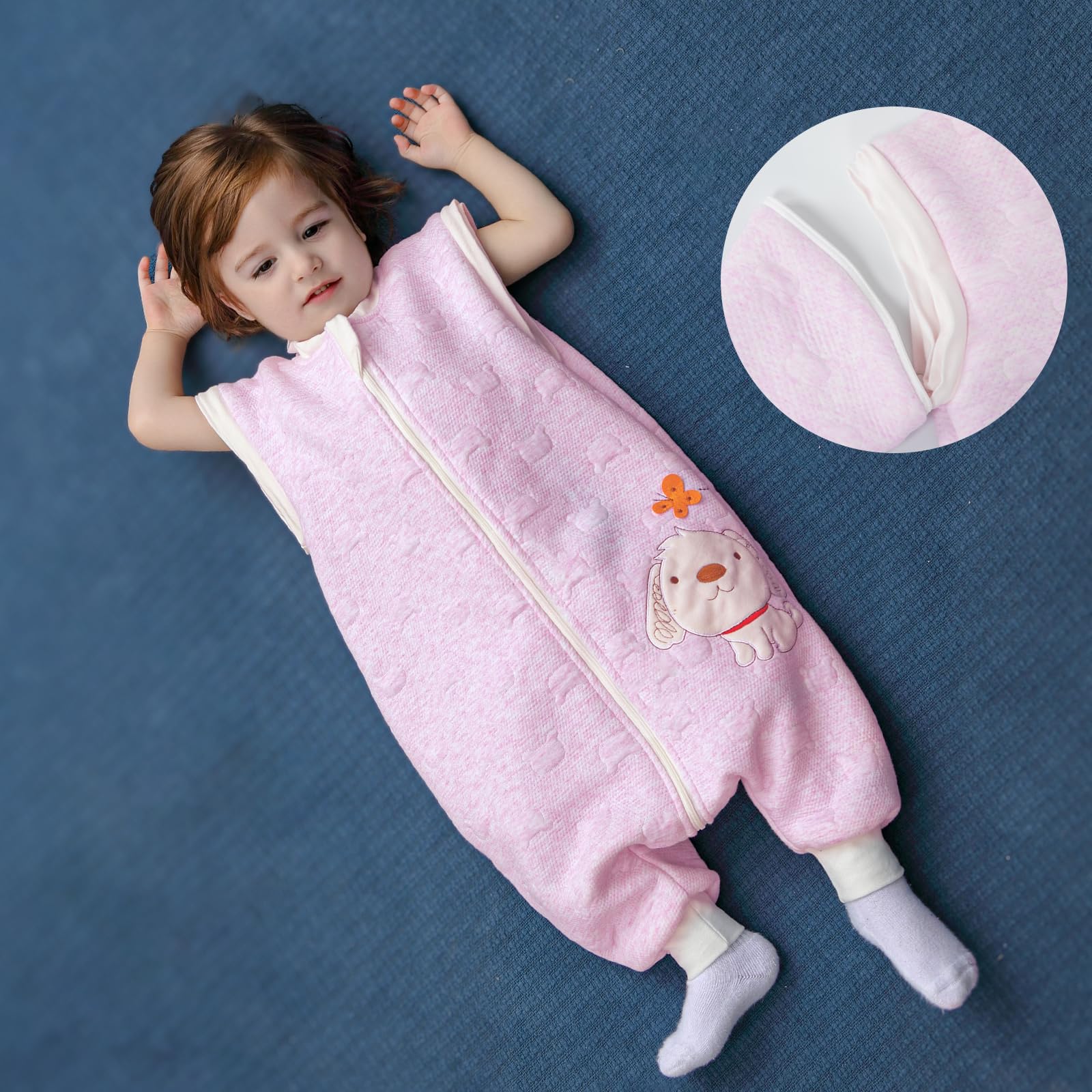 Sacco nanna invernale a maniche lunghe, per bimbe e bimbi, con aperture per i piedi e motivo di cagnolino, in cotone, unisex, per tutto l'anno, Rosa 36-48 Monate