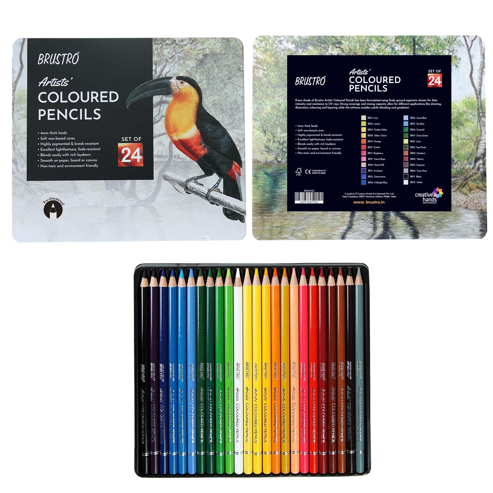 BRUSTRO Artists Colour Pencil | Set of 24 (in an Elegant tin Box) | Ideal for Students,Adults, Bright,Vibrant Shades,Break & Fade Resistant, DIY Art,Highly Pigmented, School, Portrait, Coloring