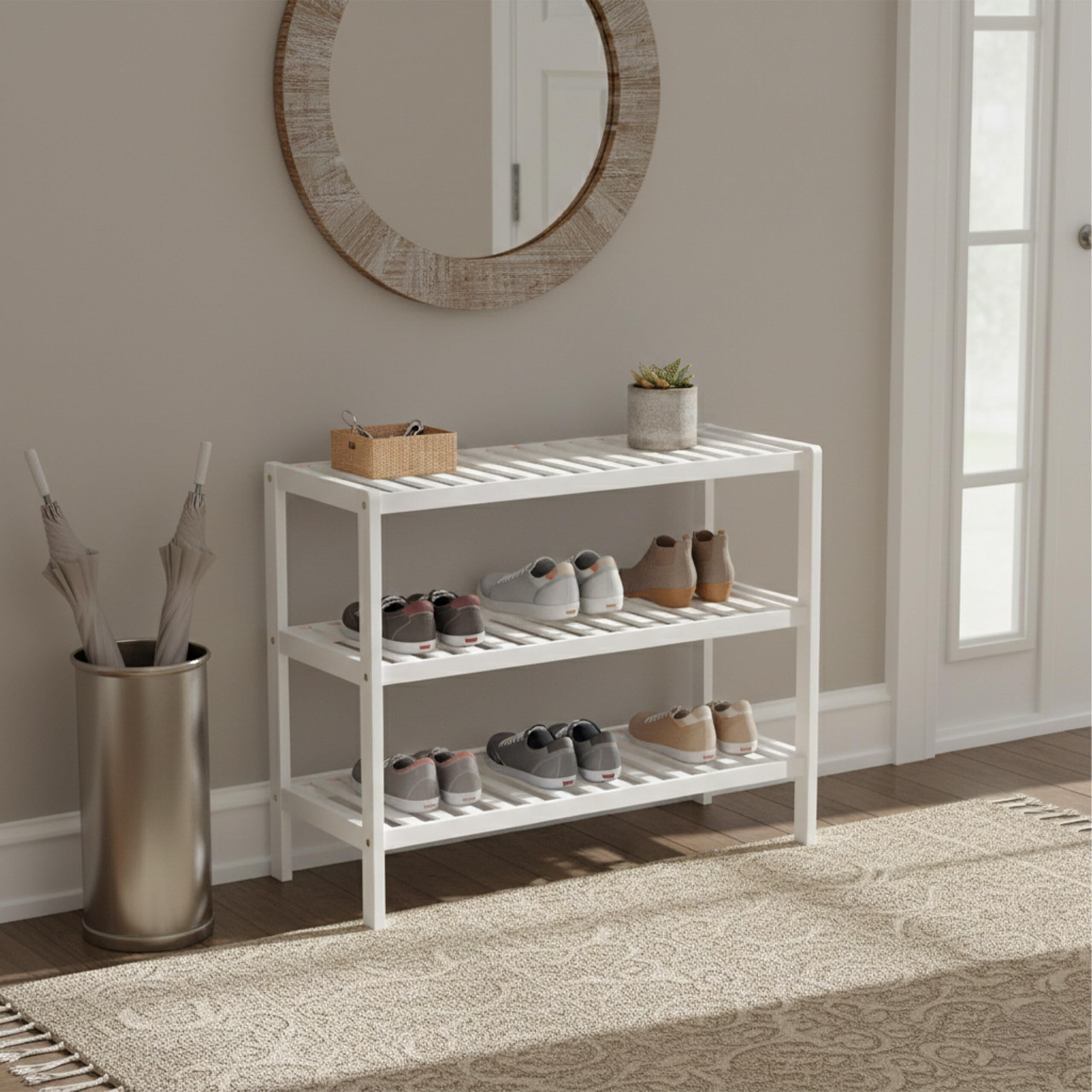 Étagère à Chaussures Relaxdays, 3 Niveaux (9 Paires), H x L x P : 54,5 x 70 x 24,5 cm, tablettes ajourées, Bambou, Blanc
