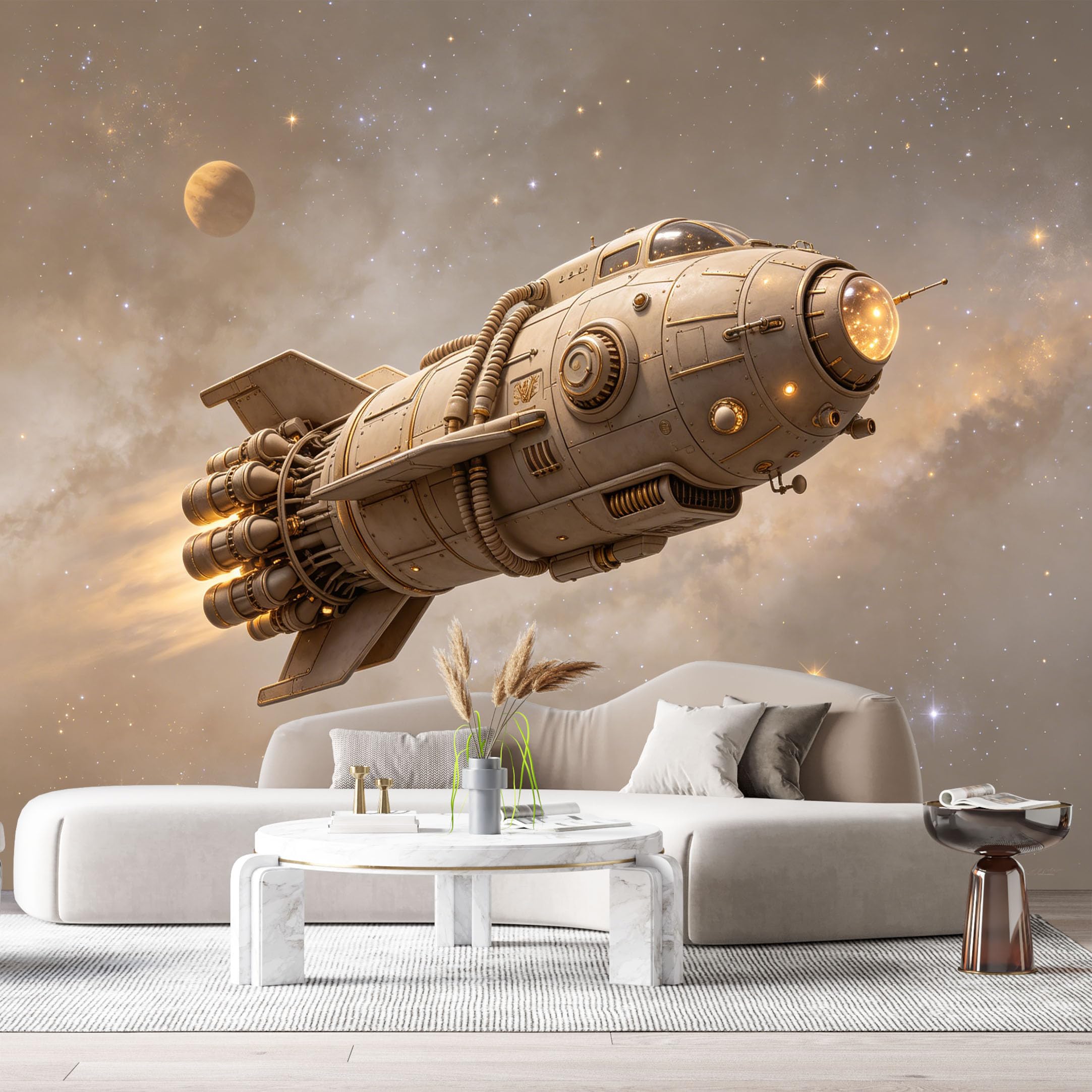 Custom Size Wall Mural Retro Spacecraft Futuristic Rocket Industrial Style Metal Texture SelfAdhesive Art Prints Removable Large Wallpaper Esports Room Game Room Tenant Room Studio