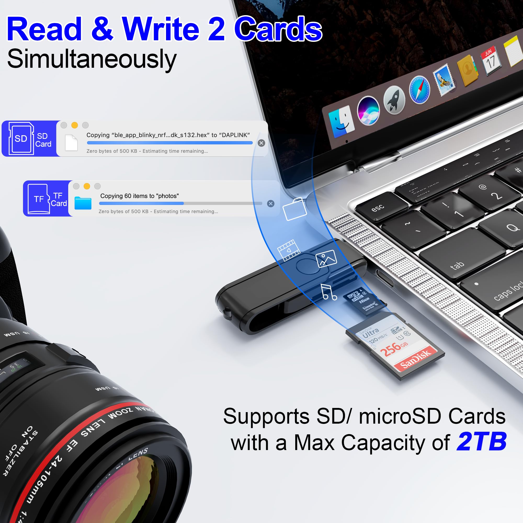 Lettore di Schede SD, USB C e Lightning Card Reader per iPhone 16/15/iPad/Apple/Android, Lettore Schede per Micro SD/SD/TF/microSDHC/microSDXC/SD/SDHC/SHXC/MMC(Leggere 2 carte contemporaneamente)