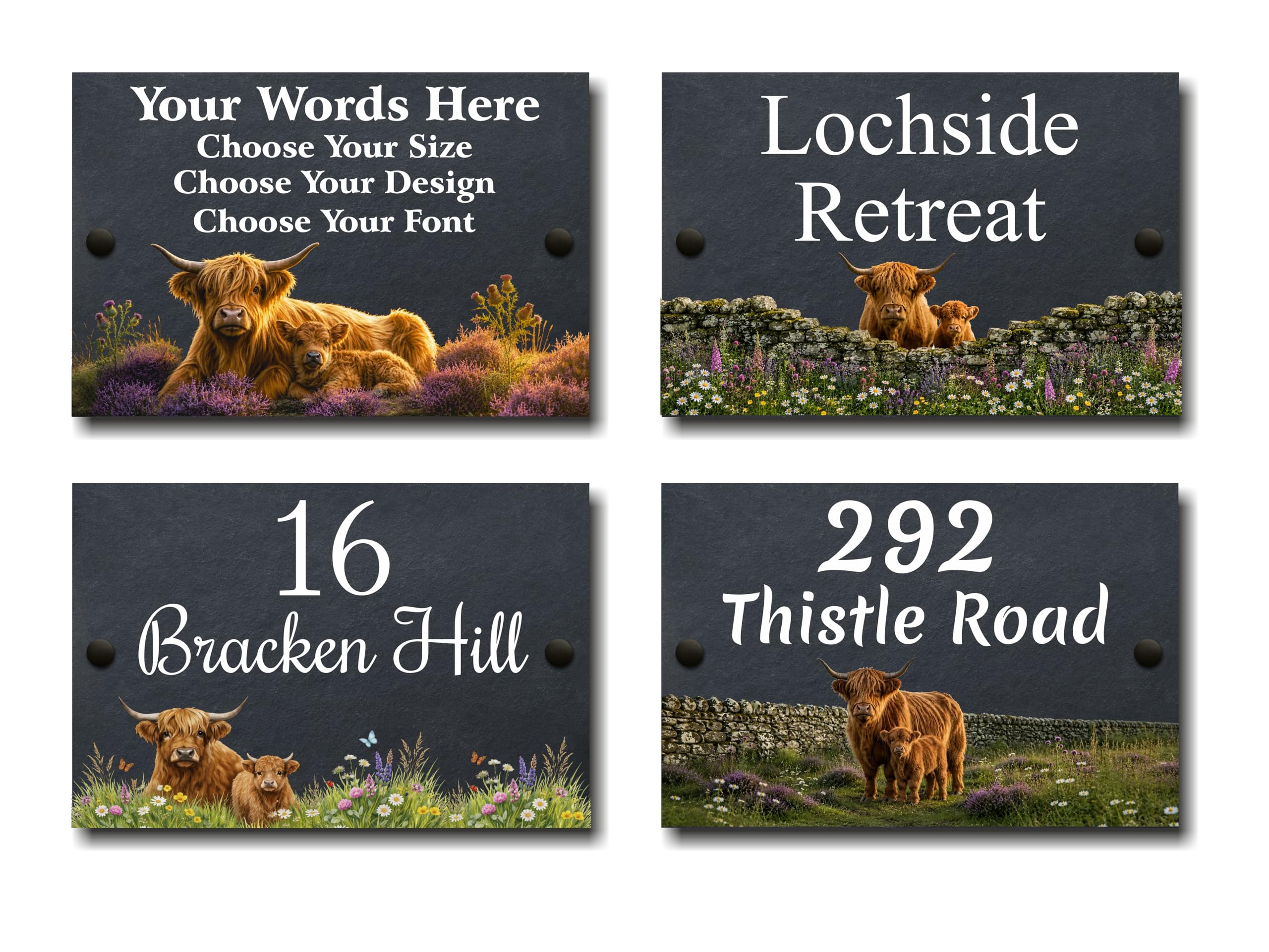 Personalised Highland Cow With Calf Slate House Sign – Choose Realistic or Colourful Design – Custom House Name or Number – Outdoor Natural Slate Plaque (Grey/Black, 23cm x 17cm)