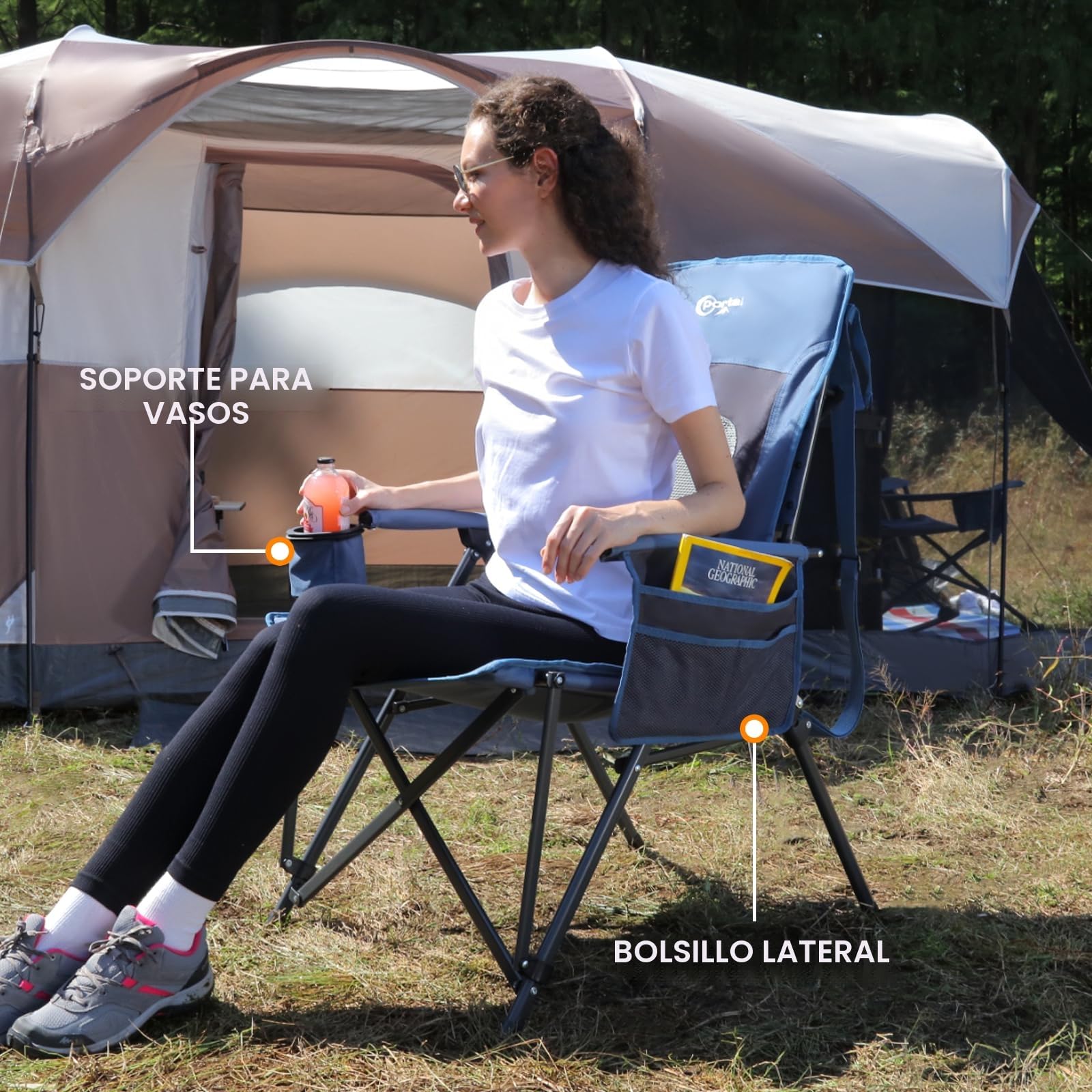 Silla de camping plegable y reclinable portátil, con respaldo alto, resistencia hasta 180 kg, silla de pesca, silla de jardín con bolsa y portavasos, ideal para jardín, balcón y picnic