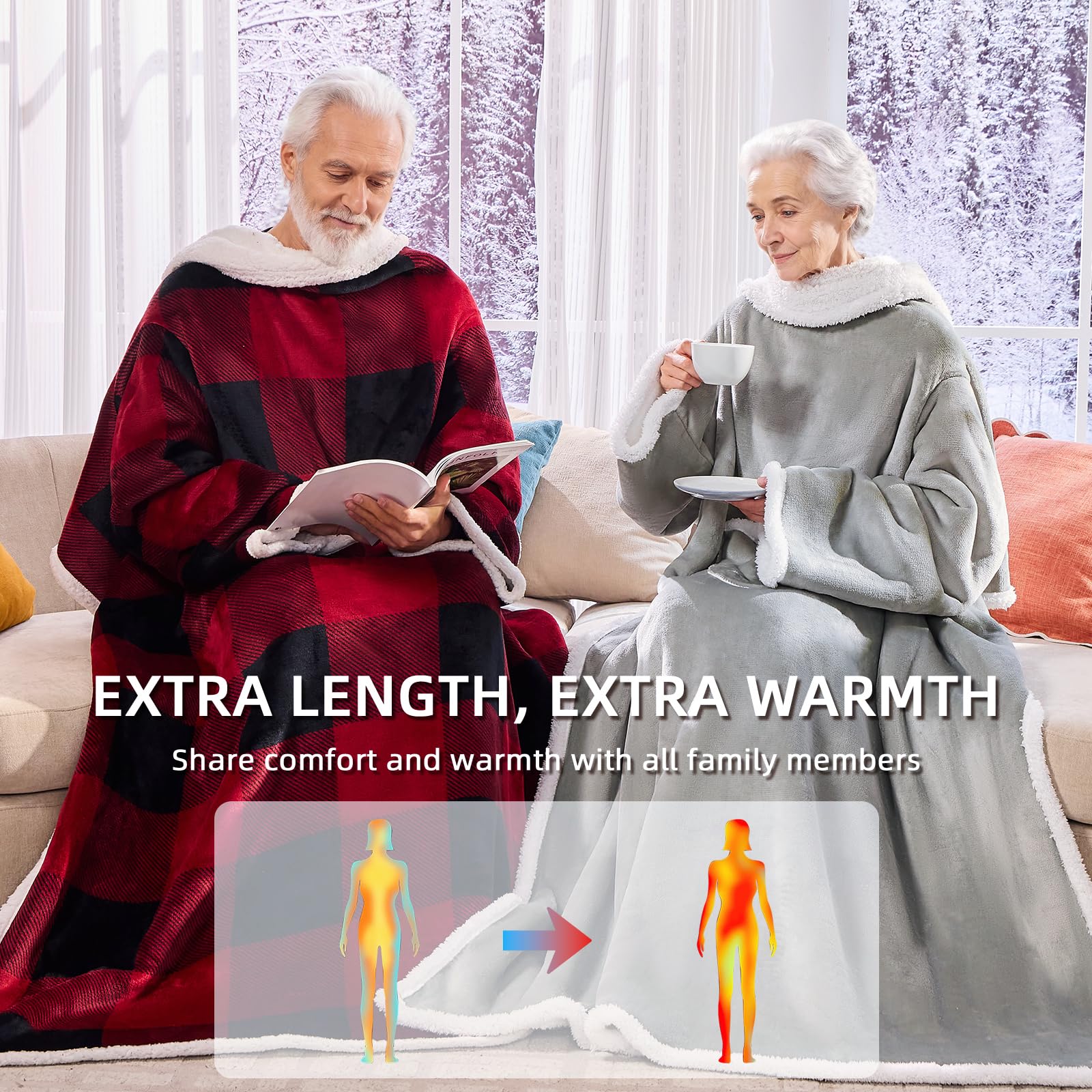 IFNOW Manta portátil con mangas para adultos, mujeres y hombres, manta ligera y suave de felpa para TV, envoltura cálida de cuerpo completo, manta acogedora, a cuadros