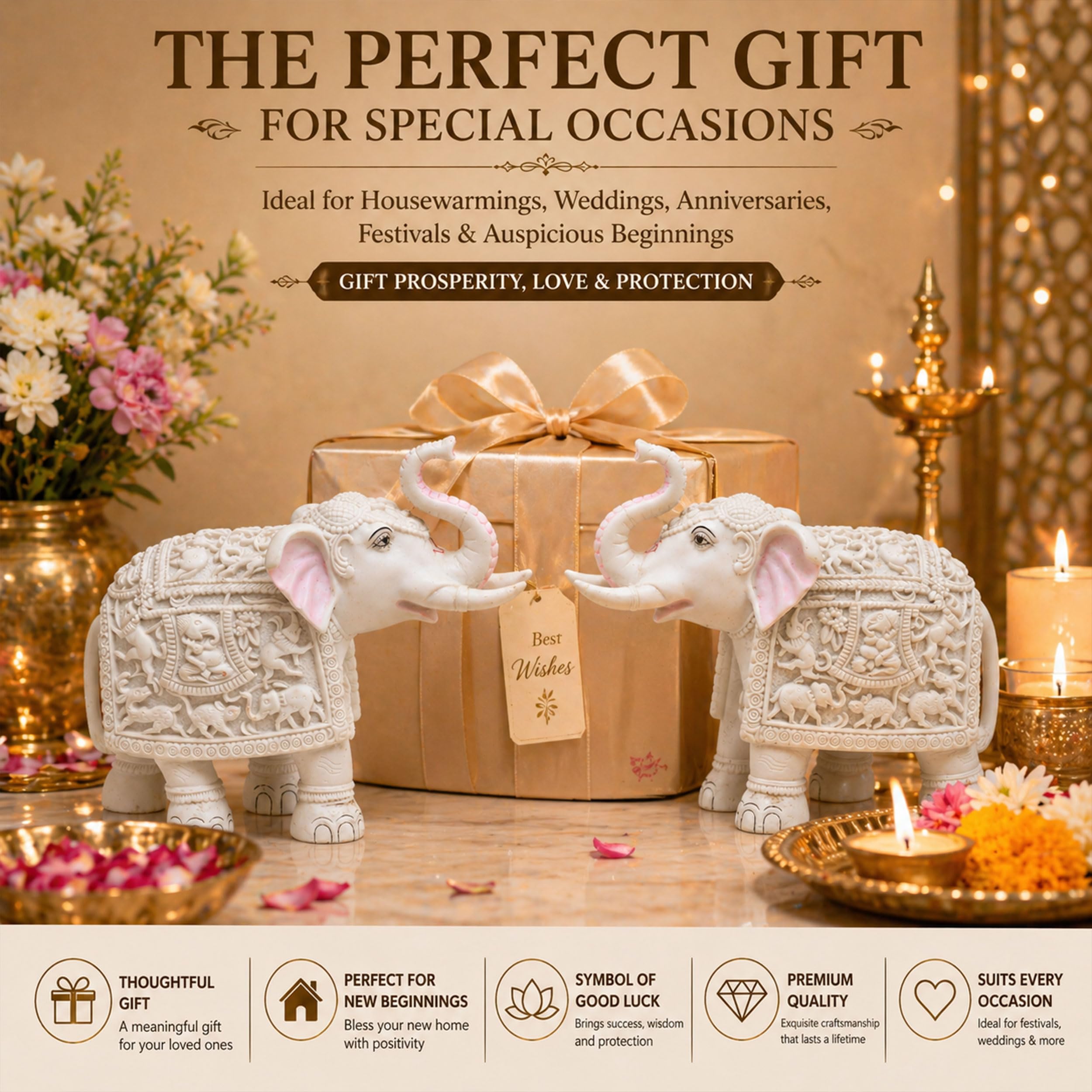 Heavy White Elephant Pair for Mandir Base & Home Temple Decor | 8x9 inch Solid Marble Dust Resin Elephant Statues for Corian Mandir Entrance | Vastu Showpiece Set for Living Room — photo — 2 of 7