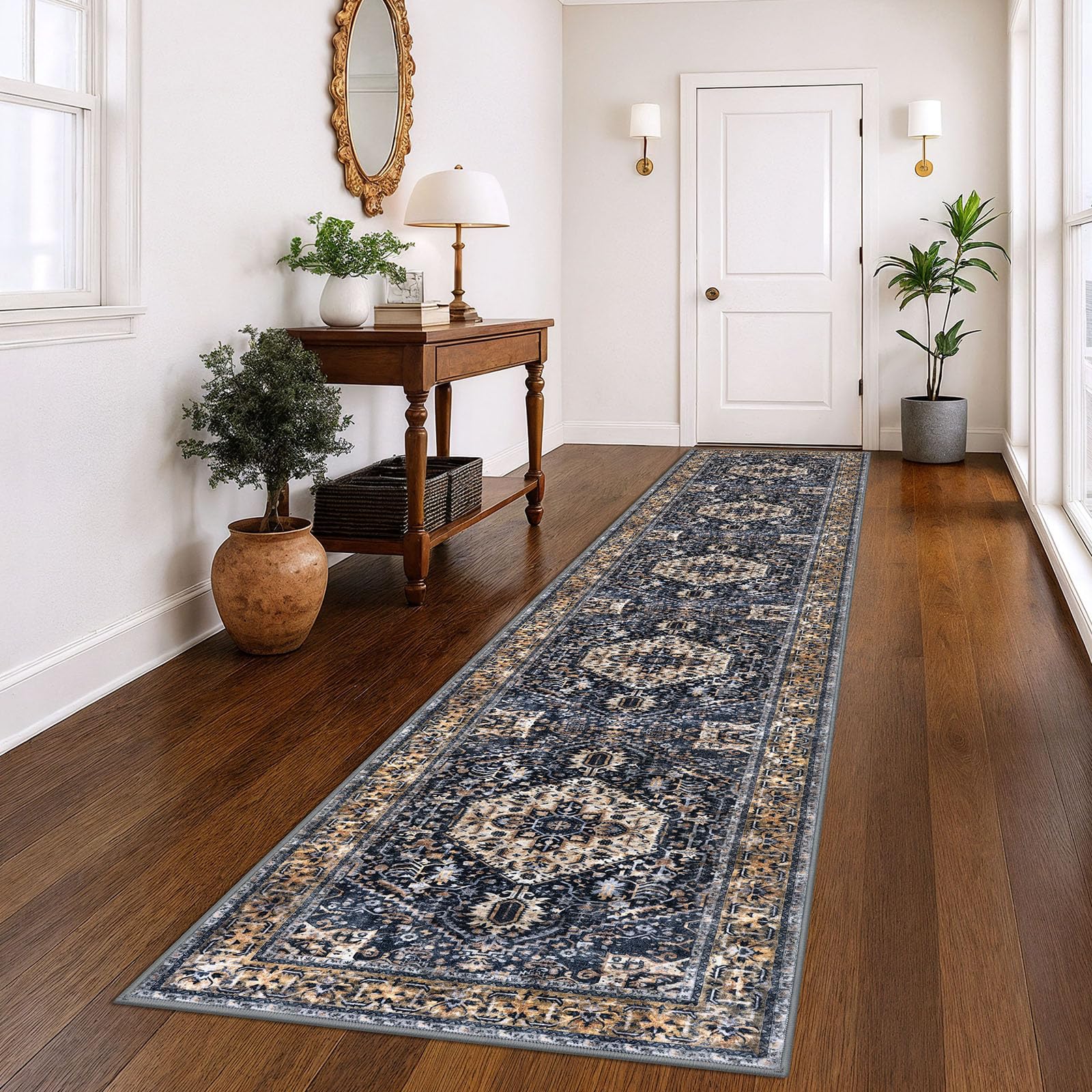 KOZYFLY Runners for Hallways 3x14 Ft Extra Long Washable Kitchen Thin Runner Rug Boho Runner Rug for Entryway Indoor Printed Faux Wool Stair Floor Carpet for Kitchen Hall, Gold/Orange/Navy — image 1