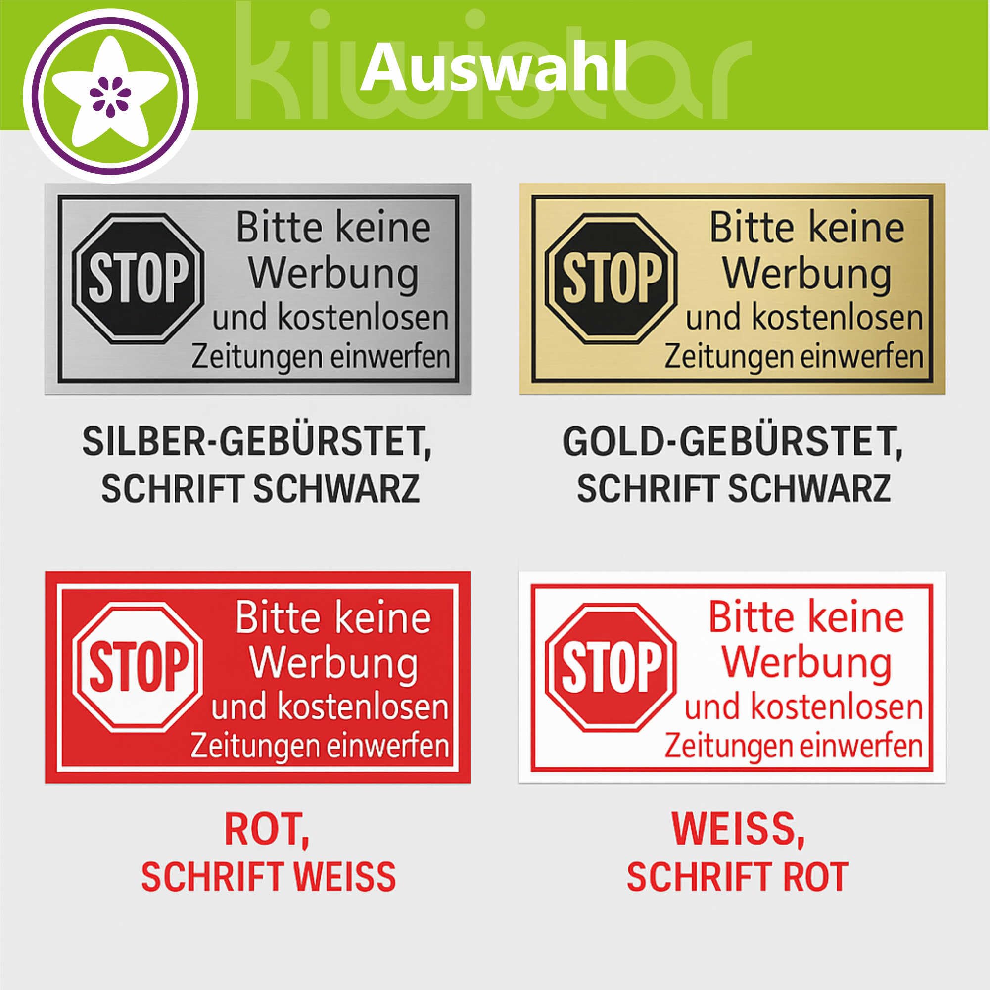 KIWISTAR UG – Stop Bitte Keine Werbeung Sticker – 50 X Cartello inciso in plastica 1,4 mm 70 X 25 mm oro spazzolato nero – Targhetta per cassetta delle lettere autoadesiva – UV e resistente alle