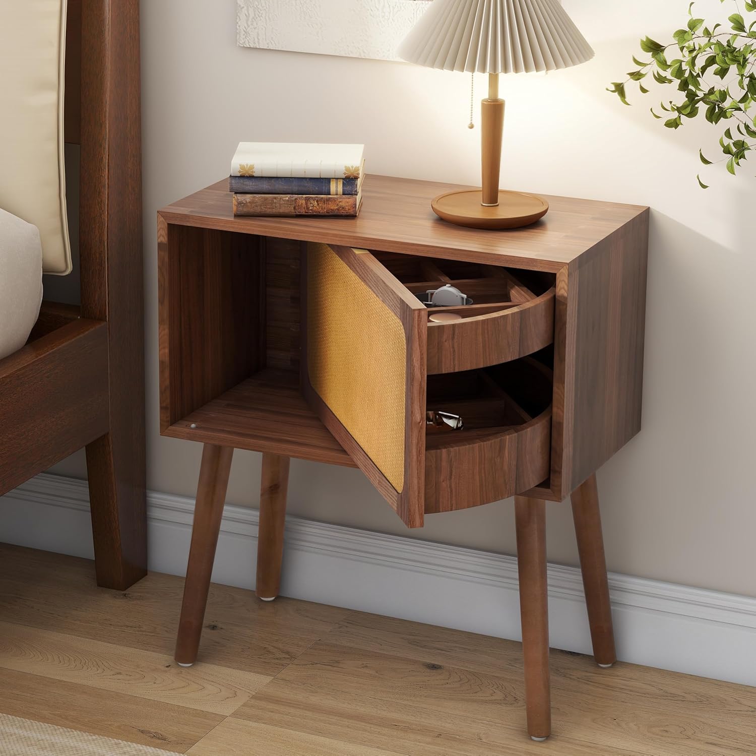 Merax Hidden Compartment Nightstands, Rattan Bed Side Table with Rotate Drawer, Compartment End Table with Wood Legs for Bedroom, Living Room, Dorm and Sofa