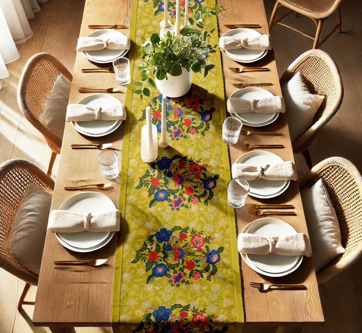 100% Cotton Table Runner - Double Layered with Side Borders - Table Linen - Floral Print for Dining, Console & Coffee Tables