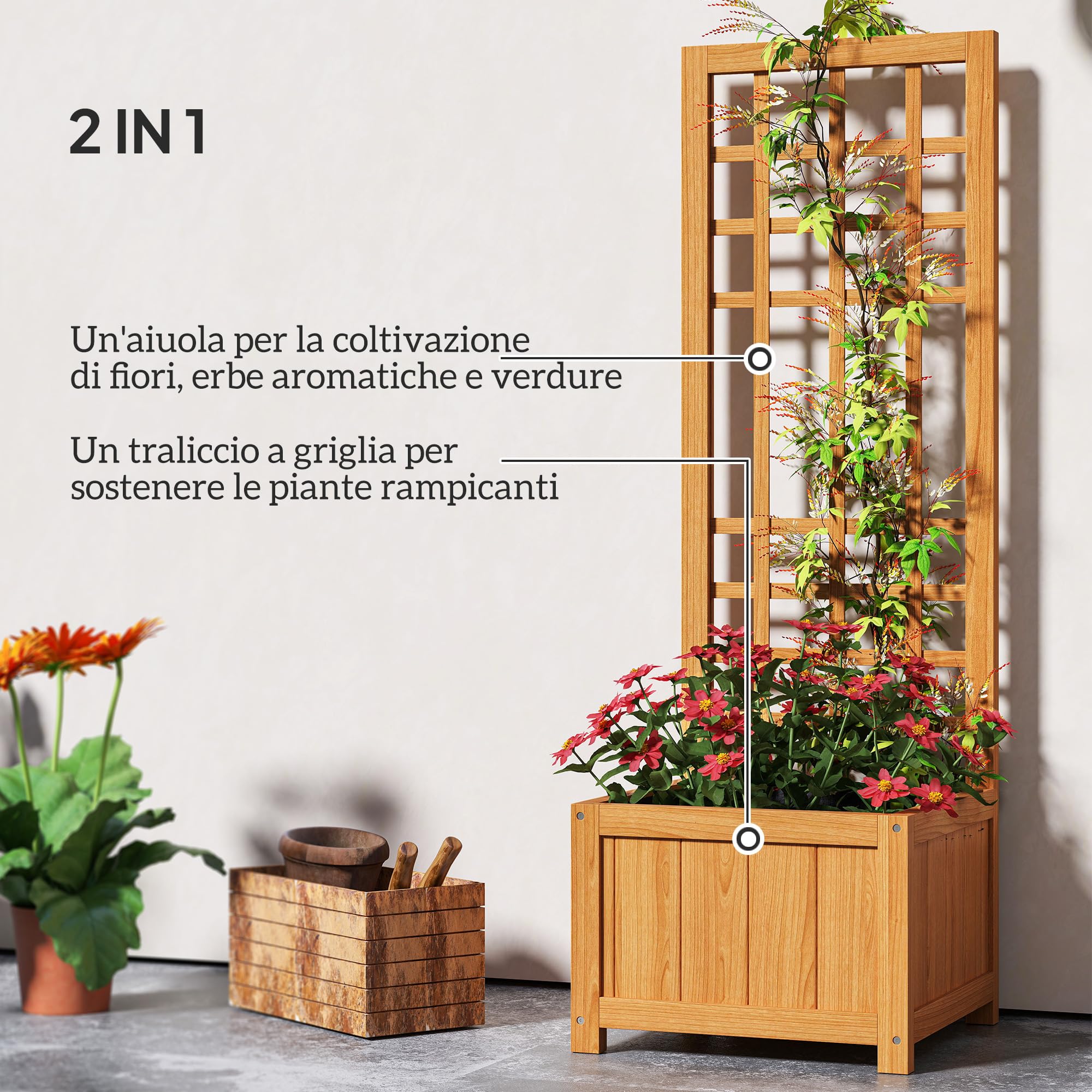 Outsunny Letto per Orto Rialzato da Esterno con Grigliato, Fioriera da Esterno con Foro di Drenaggio e Fodera Traspirante in Legno di Abete, per Fiori e Verdure, 40x40x120 cm, Marrone Chiaro