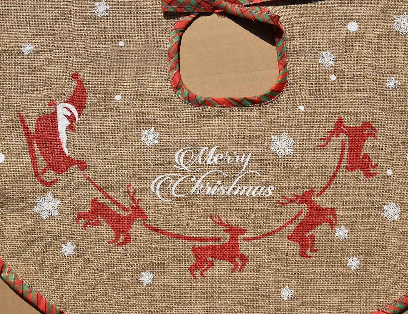 Tapis cache-pied de sapin de Noël Amajoy toile jute flocons neige blancs 30" décoration fête motif écossais rouge vert