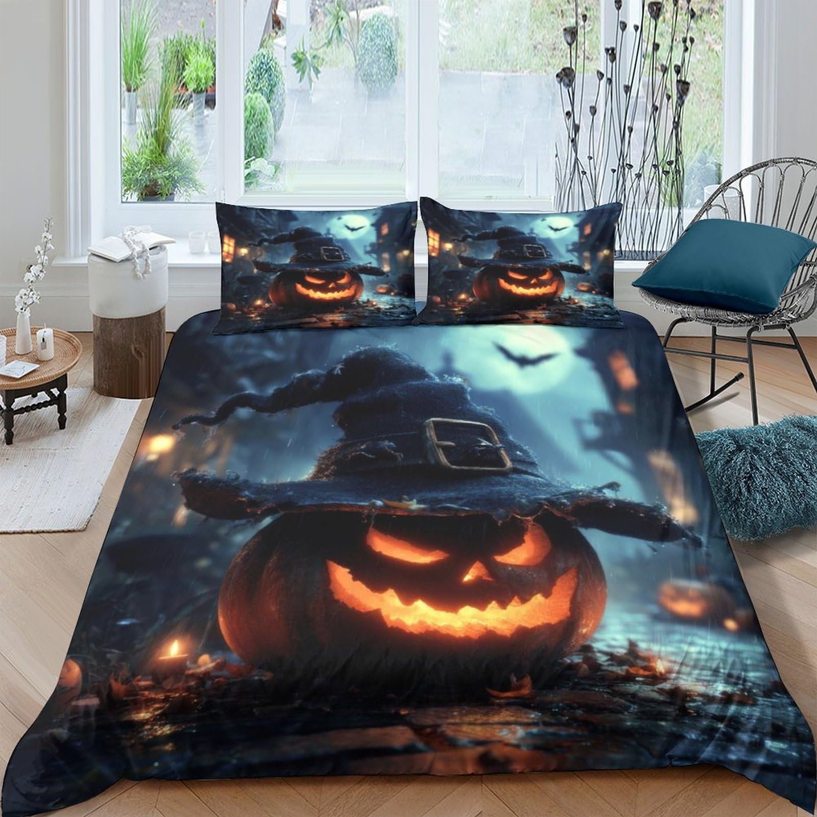 Ctjqhvkz Style-1 3D Printed Halloween Pumpkin Fitted Sheet Microfiber Witch Hat Bed Sheet For Bedroom Decor Dorm Mattress Cover Single（135X200cm）