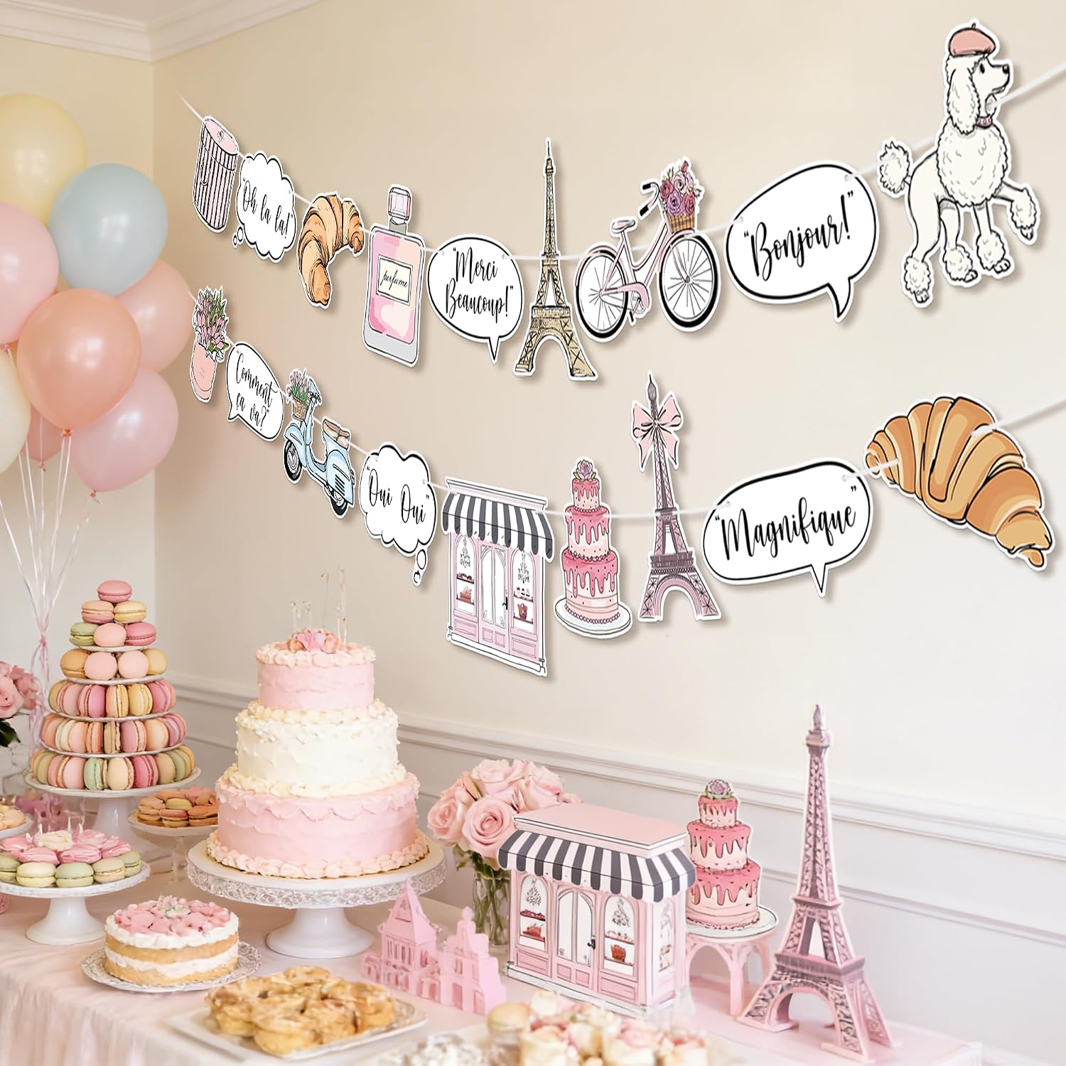 2 PCS Pink Paris Party Banner, Eiffel Tower French Garland, Paris Themed Party Decorations for Birthday, Wedding, Baby Shower Decor
