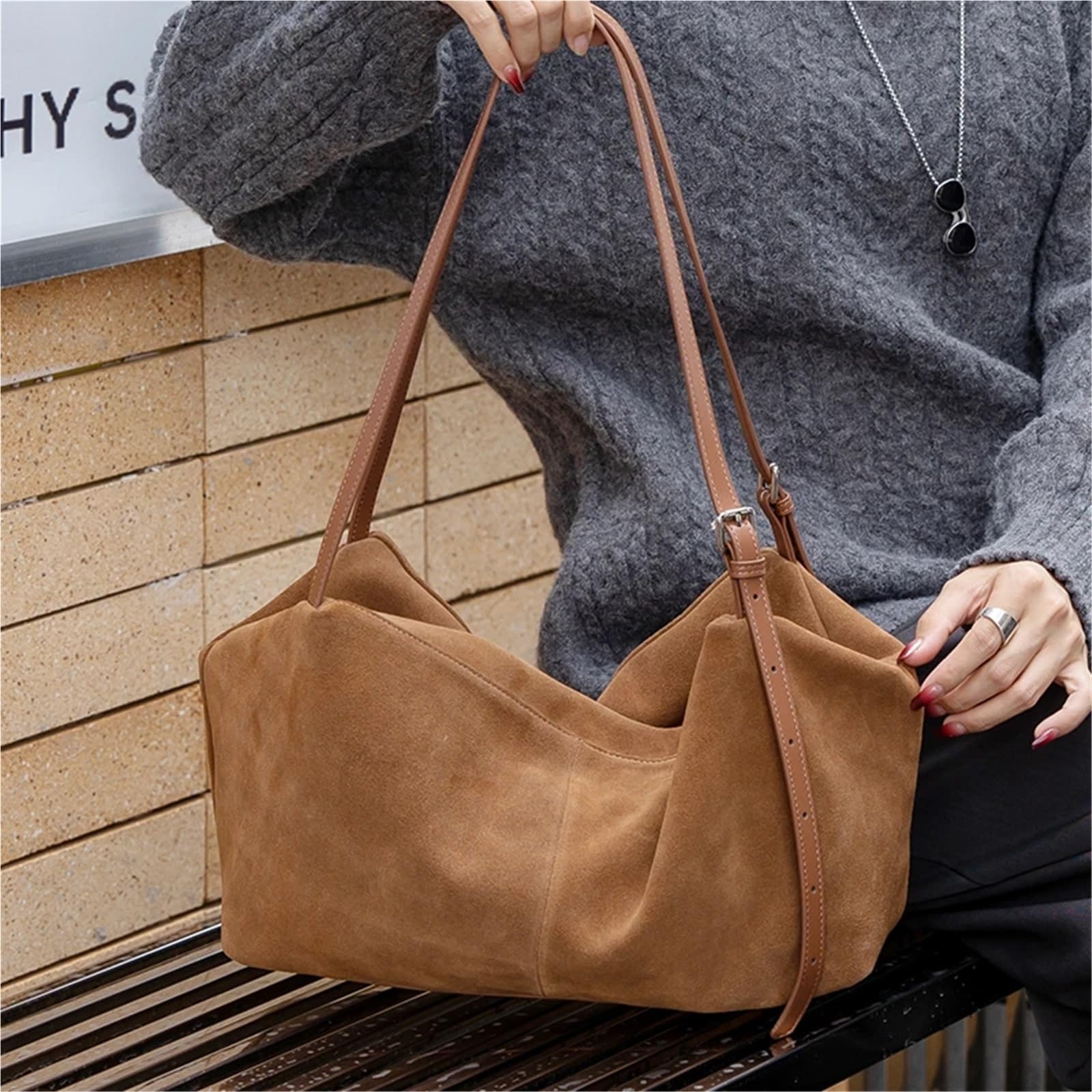 Borsa a tracolla in pelle scamosciata da donna, morbida in di vacchetta, solida, lusso, for pendolari pigri Per Lo Shopping(Coffee)